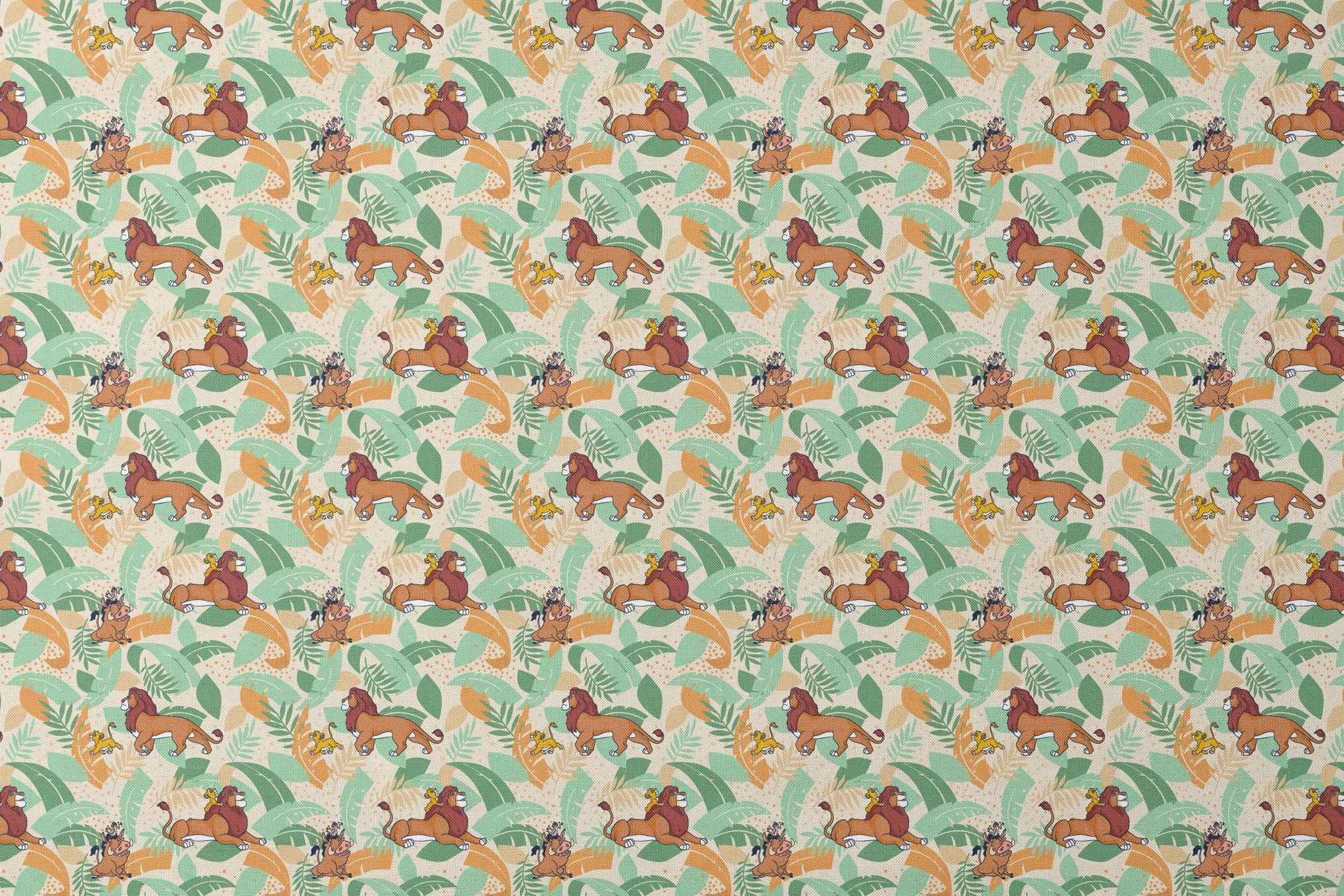 Lion King-inspired pattern with lions and jungle animals amid colorful tropical leaves on cream background designs flat mockup