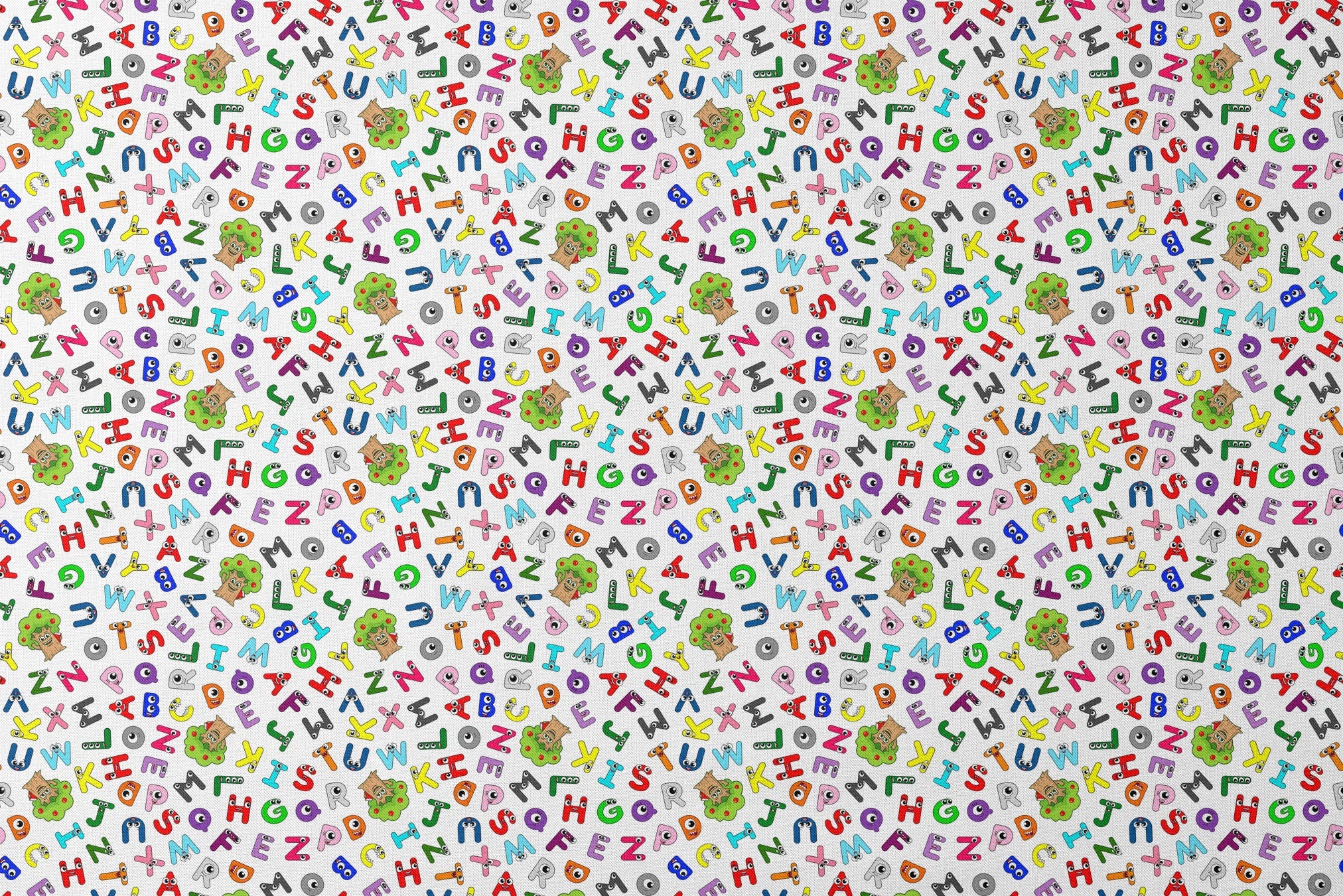 Colorful cartoon alphabet letters scattered randomly on white background with small monster characters designs flat mockup