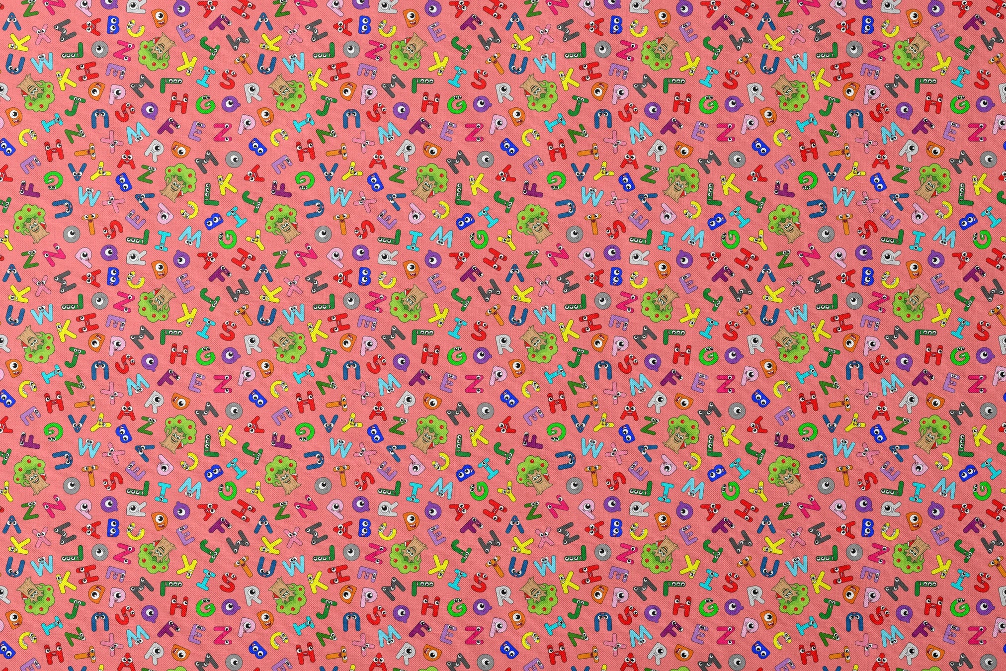 Colorful alphabet pattern with cartoon letter characters on bright pink background designs flat mockup