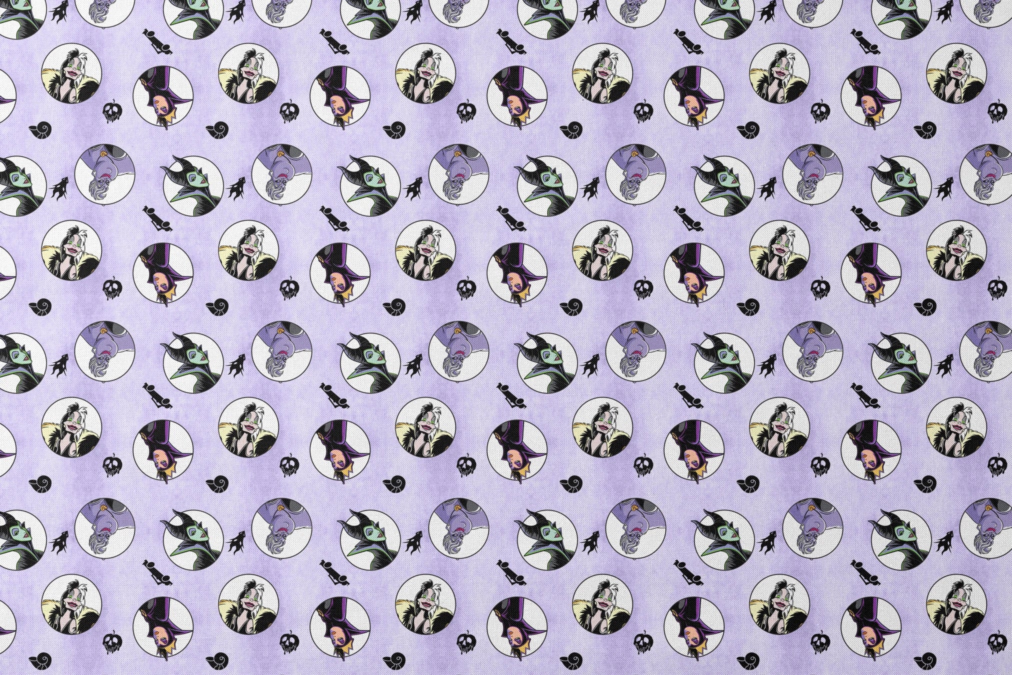 Disney villains pattern with circular character portraits on lavender background with black silhouettes of iconic symbols designs flat mockup