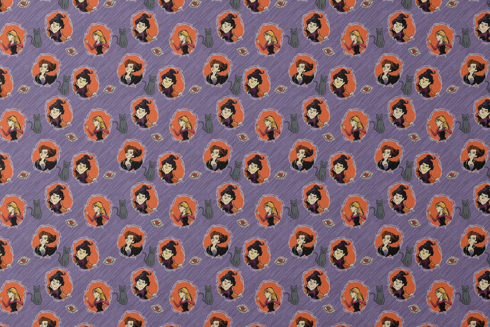 Purple background pattern with illustrated cartoon characters, black cats, and eye symbols in orange circular frames designs flat mockup