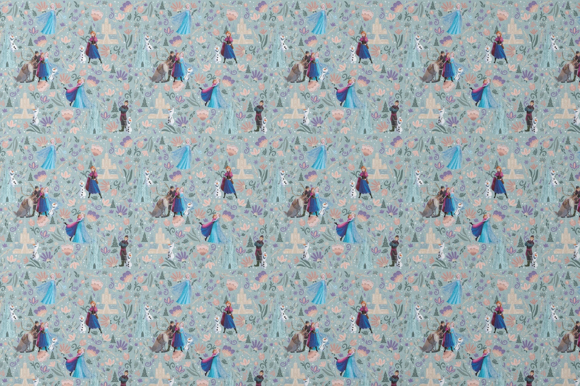 Frozen-themed pattern with the iconic characters, snowmen, flowers, and swirls on a light blue background designs flat mockup