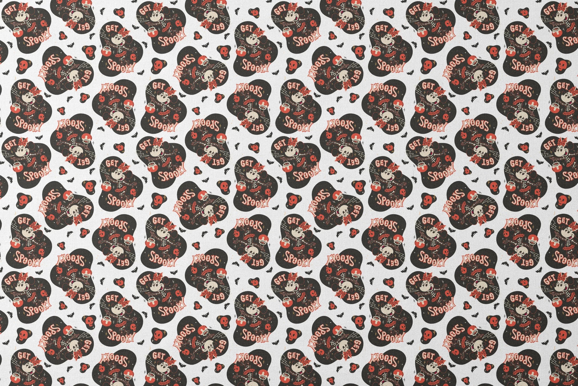 Halloween pattern with Minnie Mouse shapes, "Get Spooky" text, skulls, bats, and hearts on white background designs flat mockup