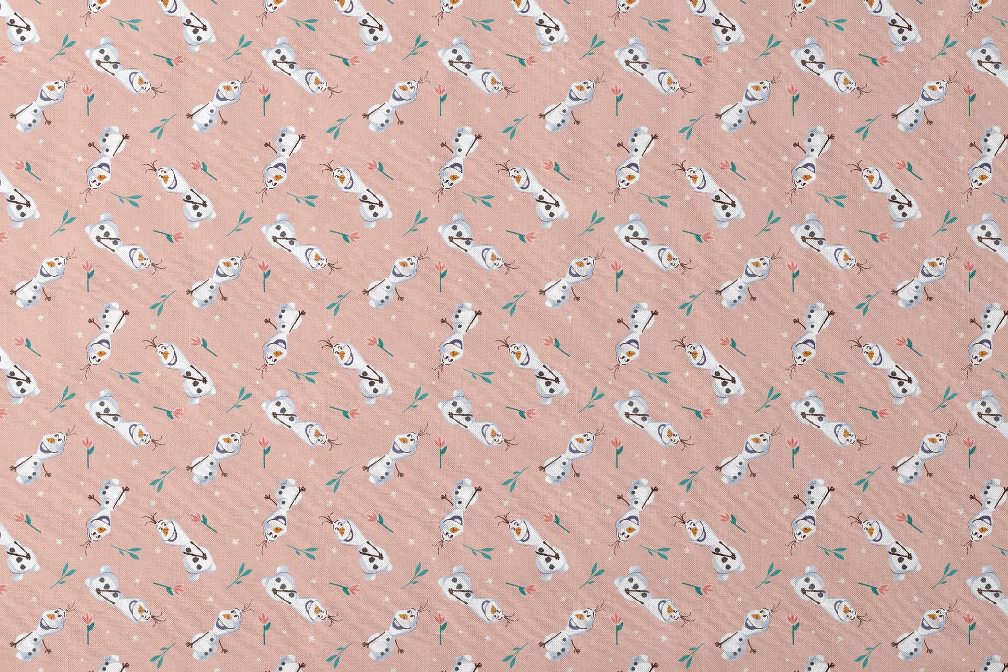Playful pattern of Olaf scattered with green leaves on a peachy pink background designs flat mockup