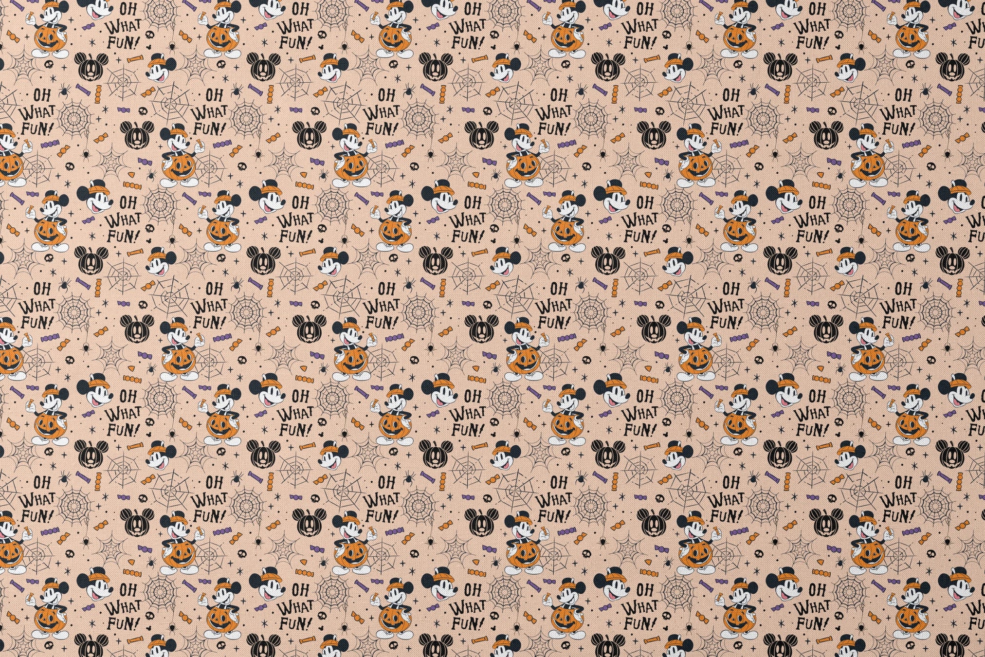 Halloween Mickey Mouse pattern with "OH WHAT FUN!" text, pumpkins, spiderwebs, and candy on beige background designs flat mockup