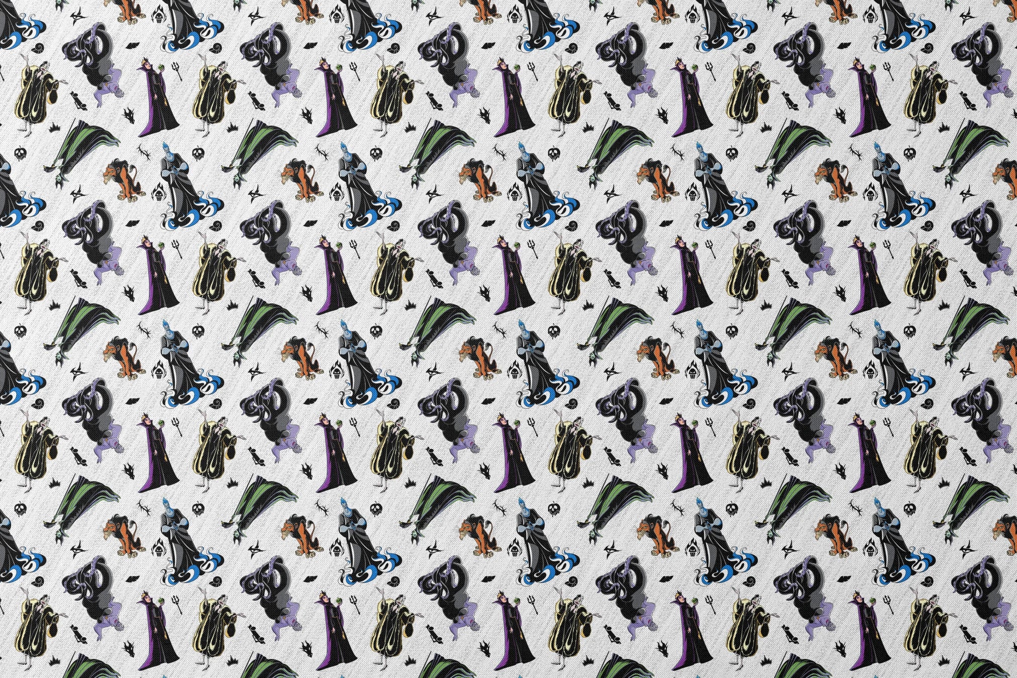 Disney villains pattern with stylized character silhouettes in black, purple, green, and orange on textured white background designs flat mockup