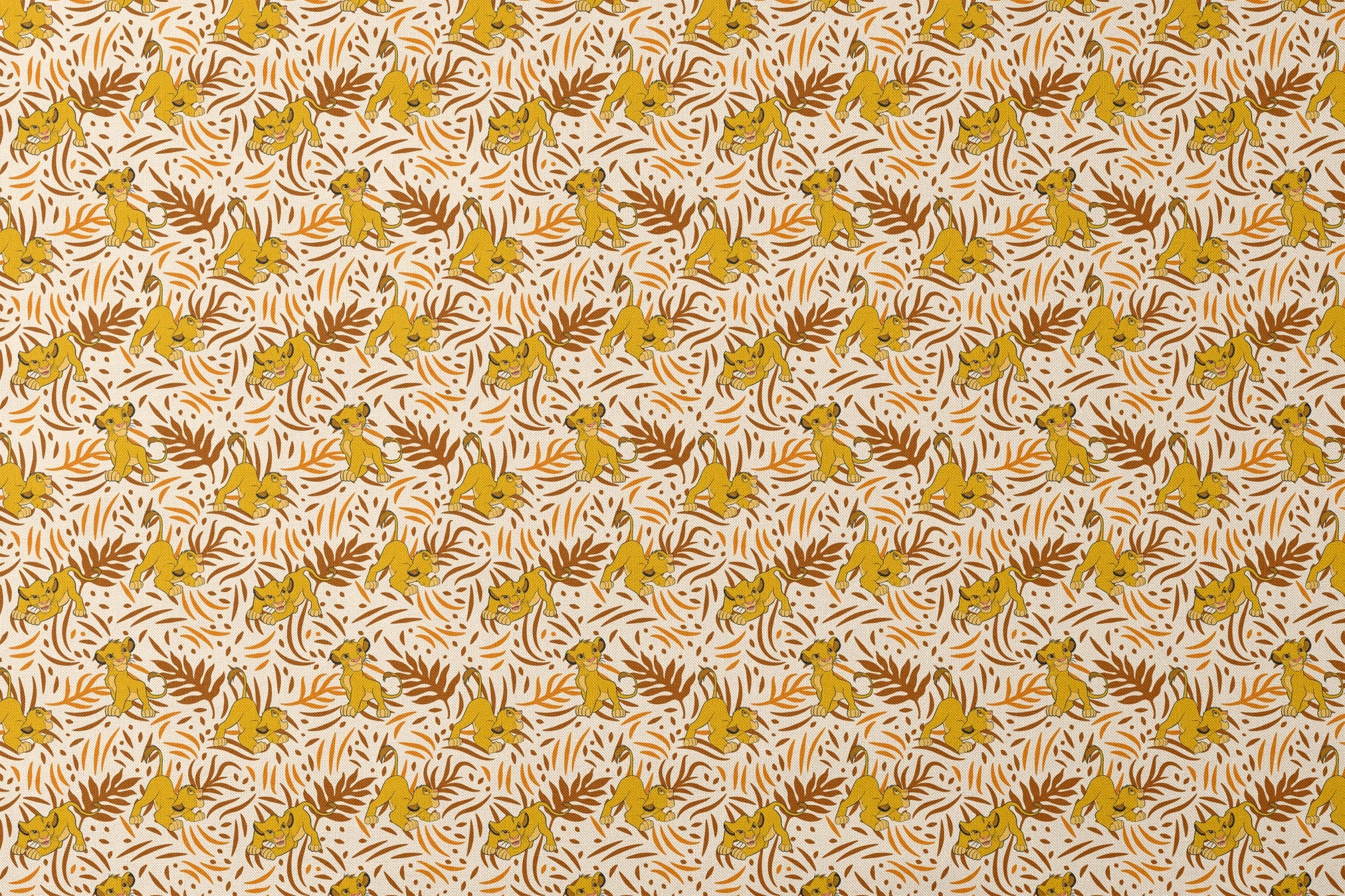 Cartoon lion cubs playing among stylized brown palm leaf pattern on cream background designs flat mockup