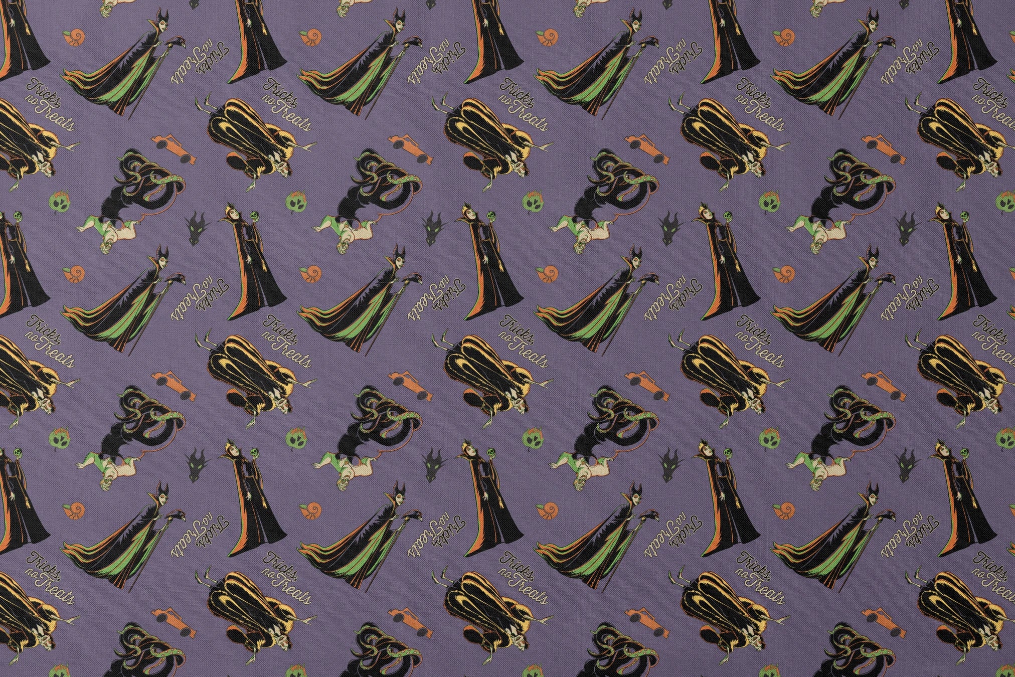 Cartoon villains pattern featuring Maleficent and other Disney antagonists on purple background designs flat mockup
