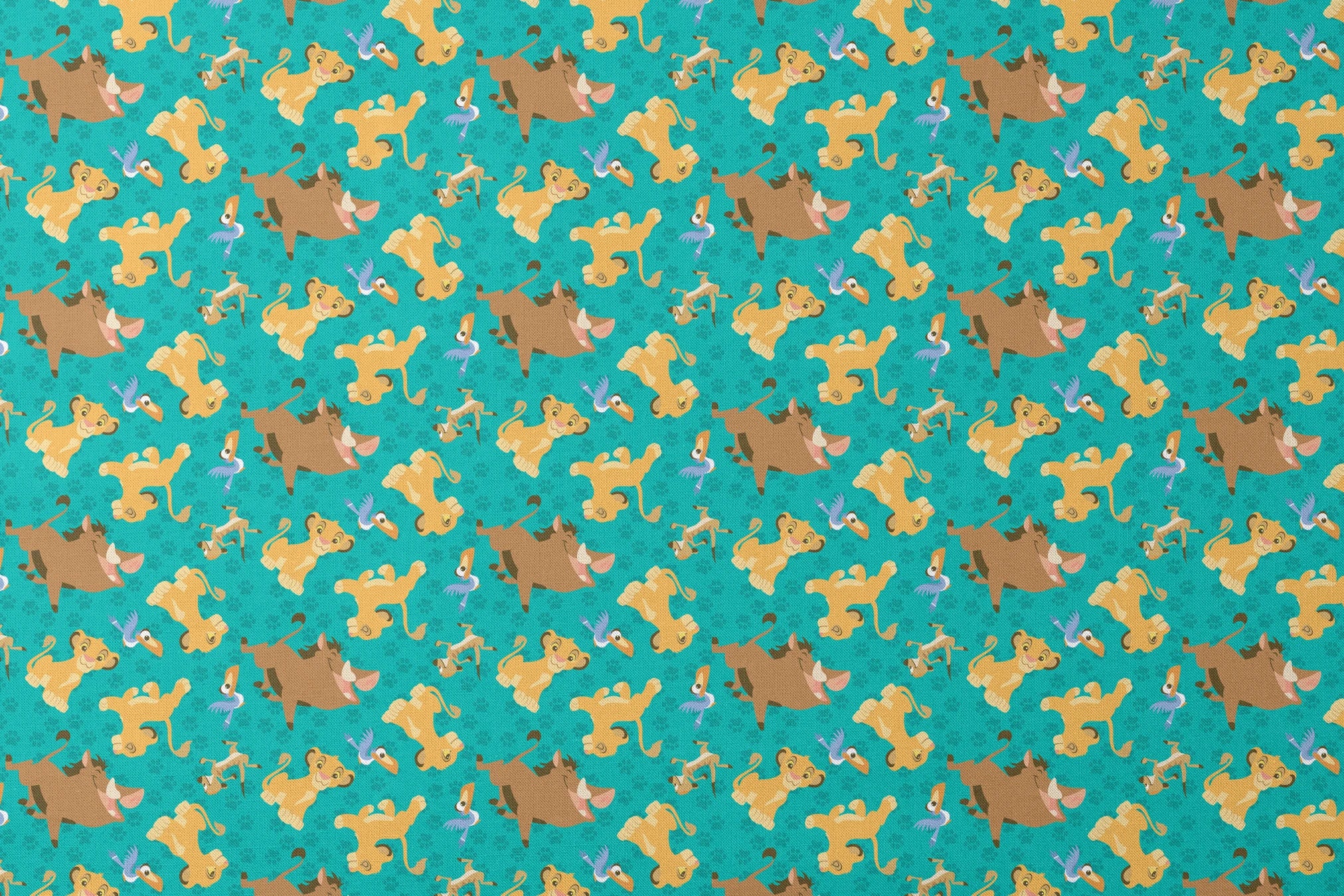 Cartoon Lion King characters pattern with Simba, Pumbaa and others on turquoise paw print background designs flat mockup