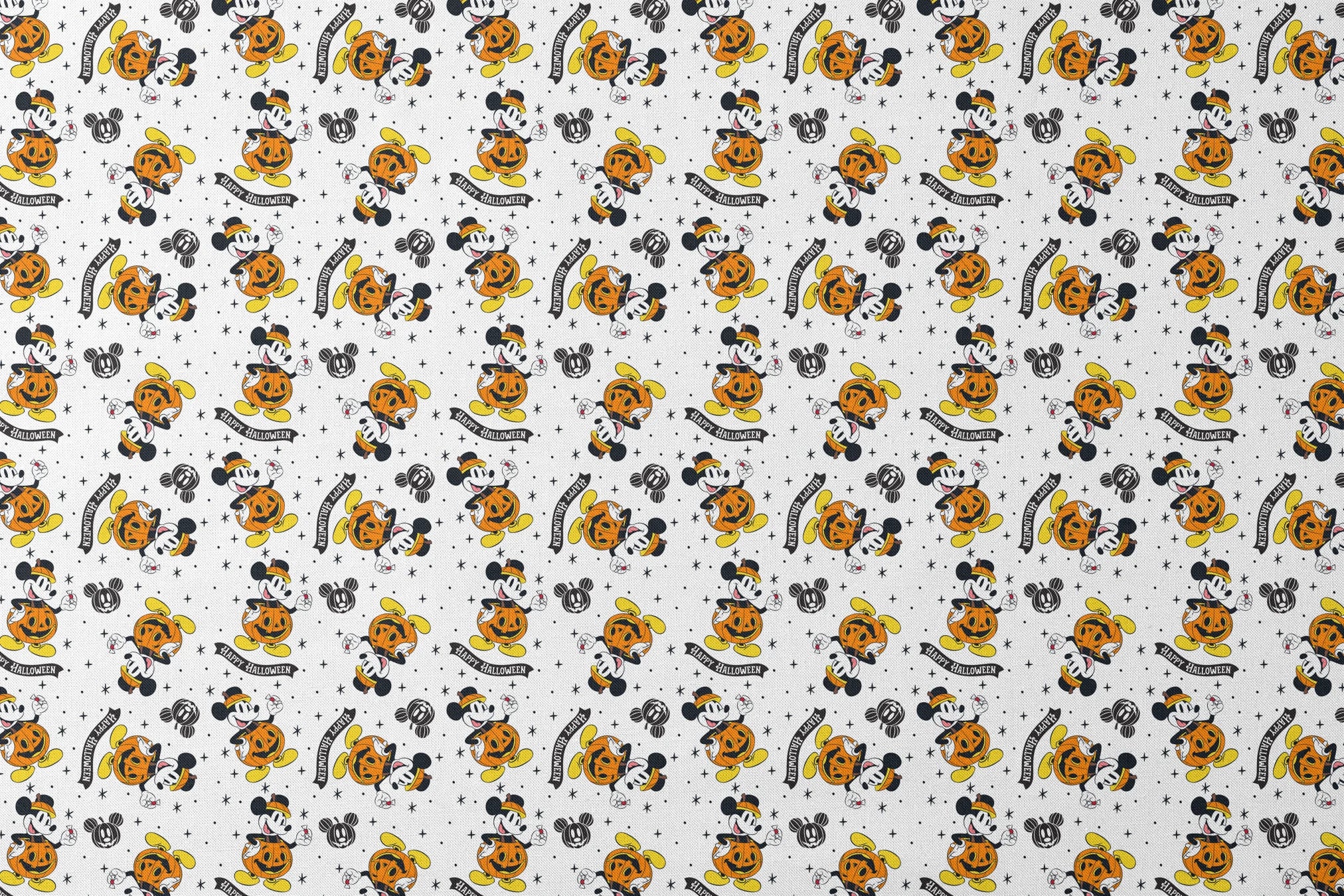 Mickey Mouse Halloween pattern dressed as pumpkins on white background with stars and "Happy Halloween" text designs flat mockup