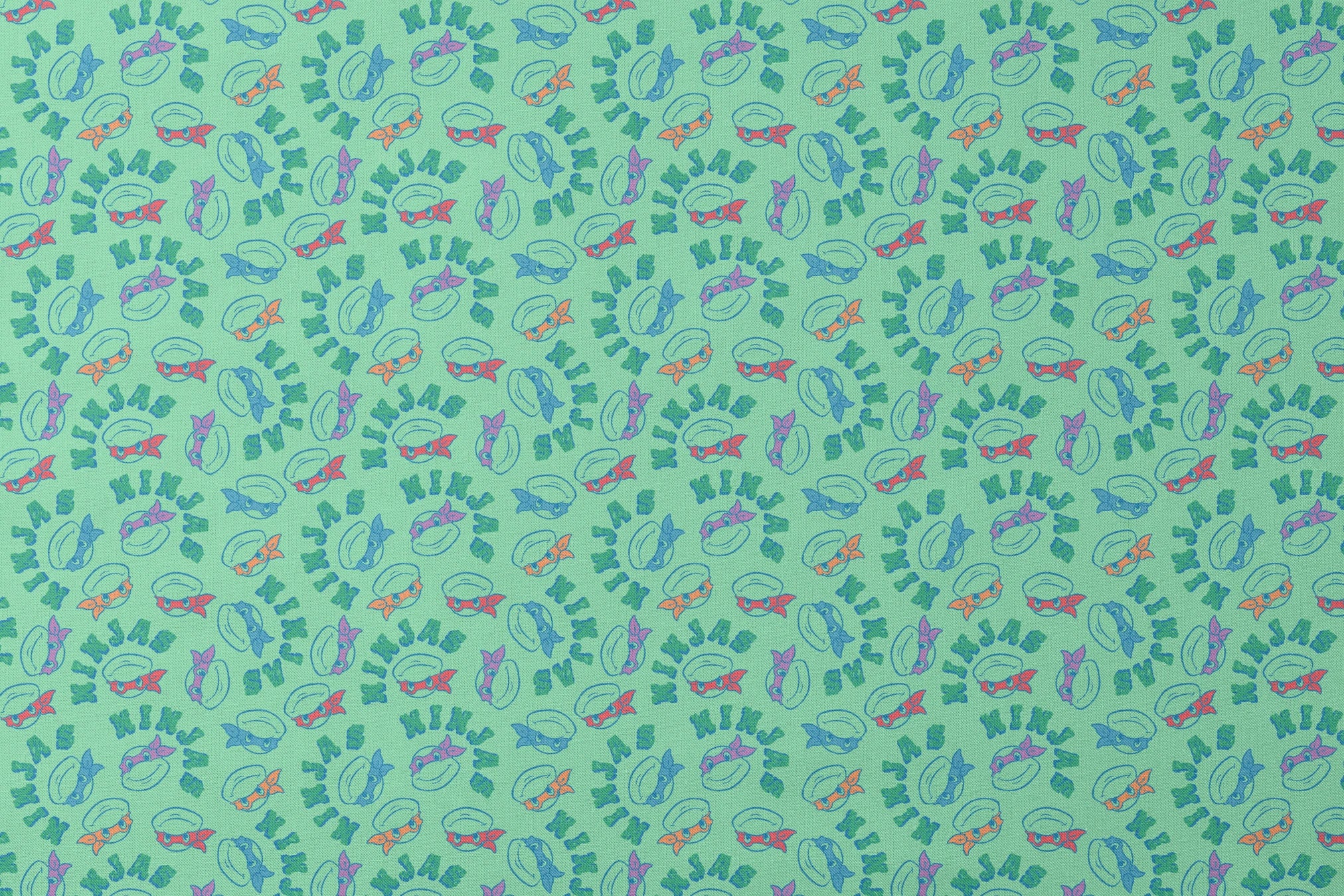 Pattern of Teenage Mutant Ninja Turtles with colored masks in blue, red, and purple on mint green background designs flat mockup