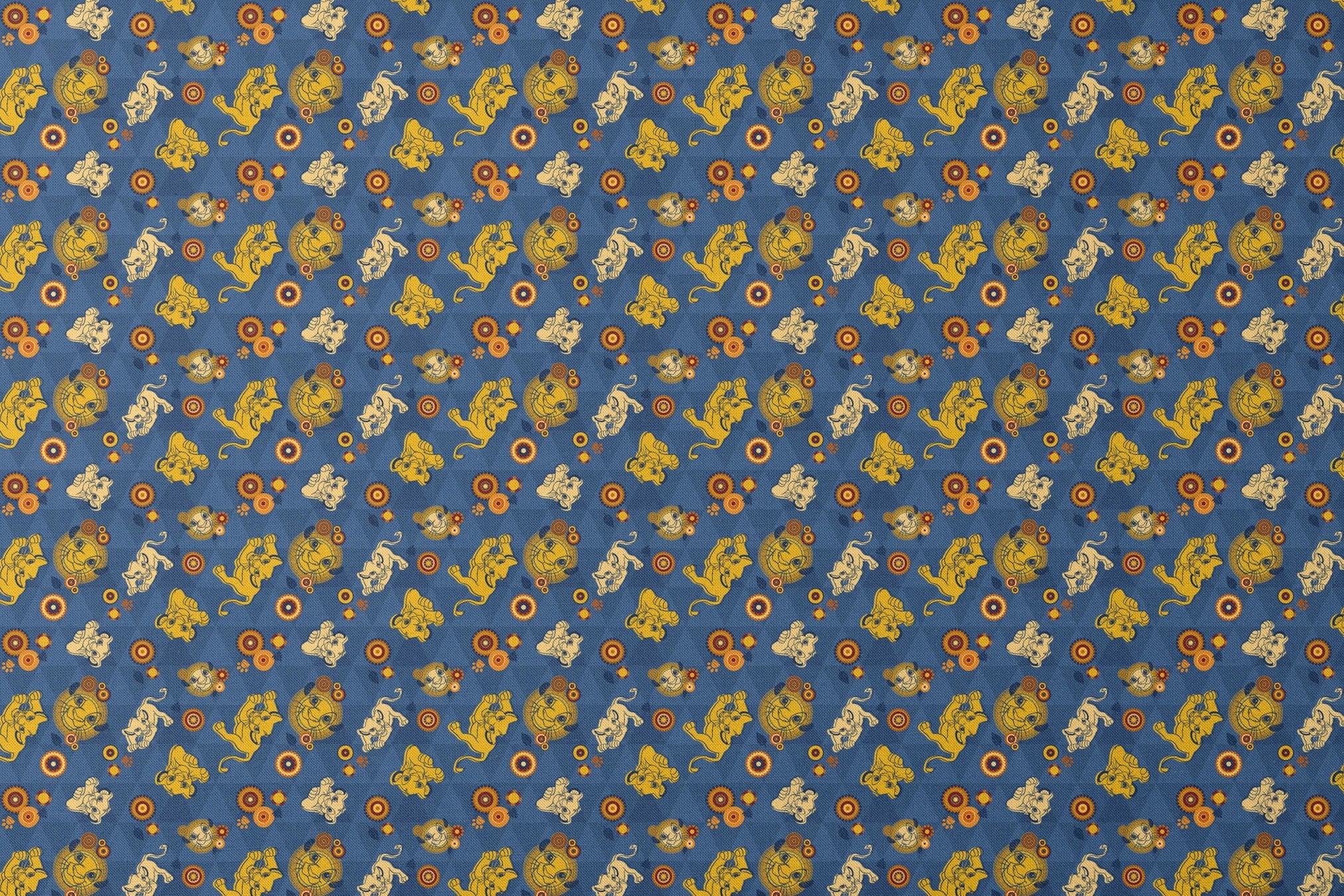 Geometric pattern with yellow lion figures and circular designs on blue triangular background designs flat mockup