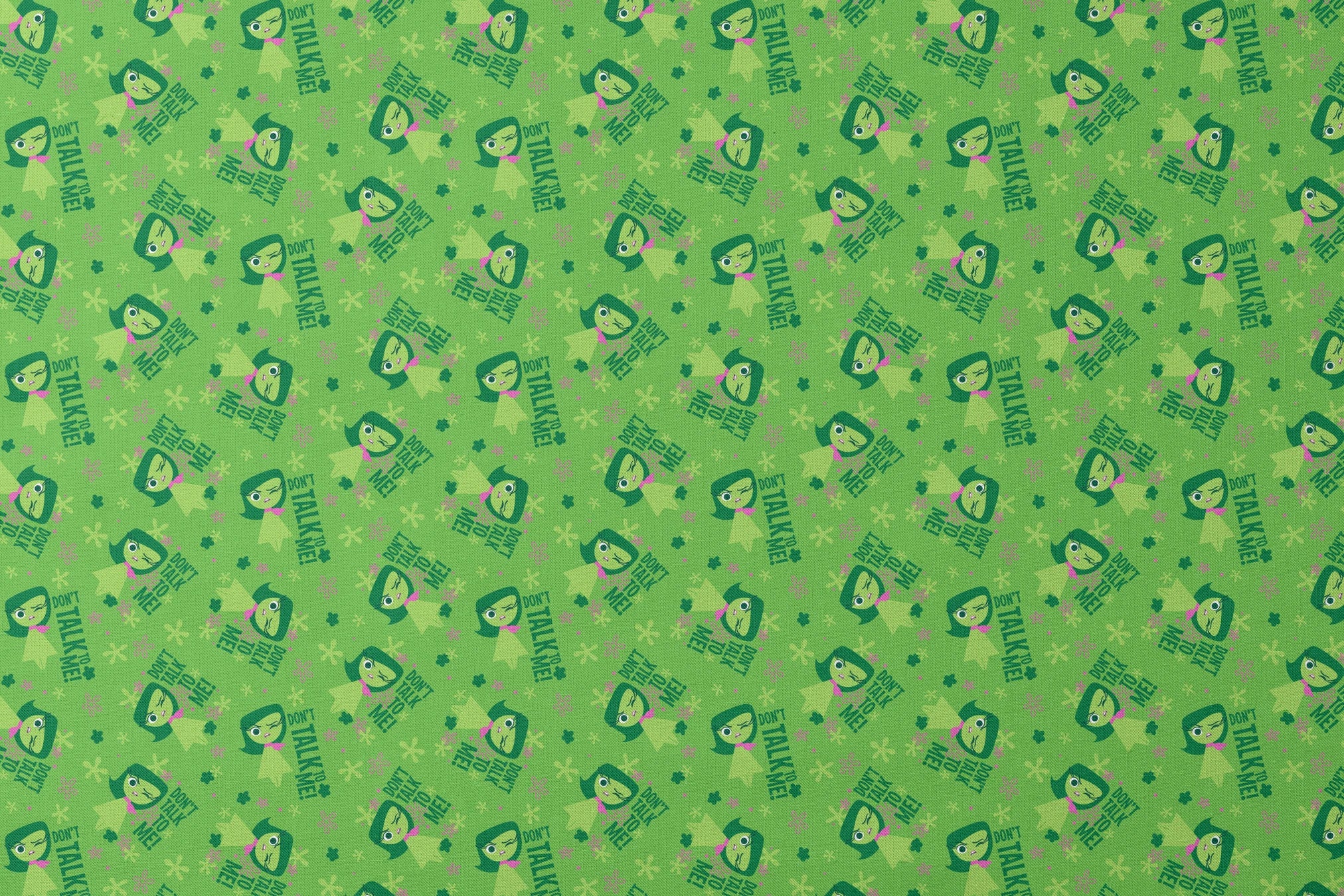 Green background with Disgust from Inside Out and "Don't Talk To Me" text, featuring stars and floral elements designs flat mockup
