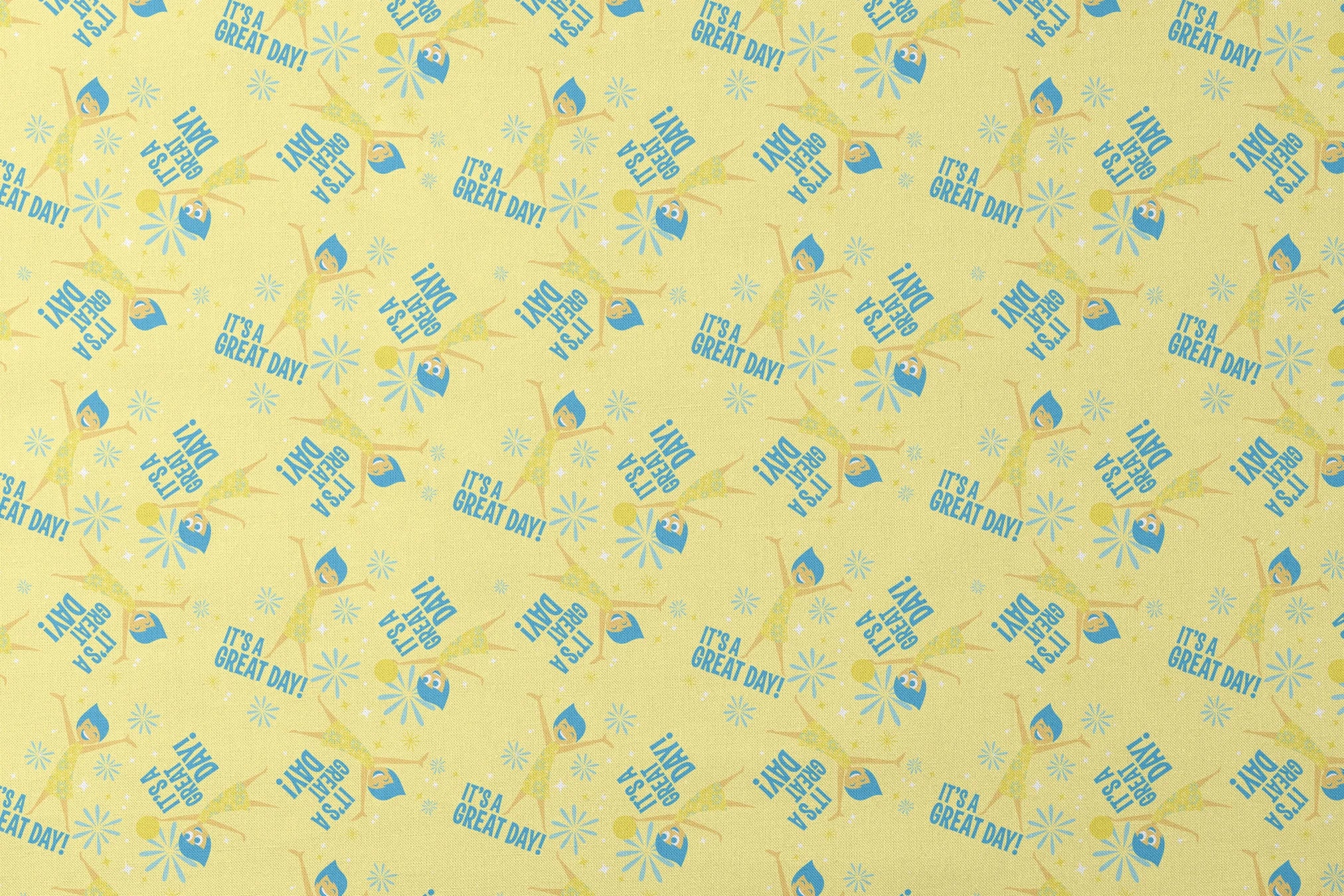 Cheerful Inside Out pattern with blue "IT'S A GREAT DAY!" text and decorative white accents designs flat mockup