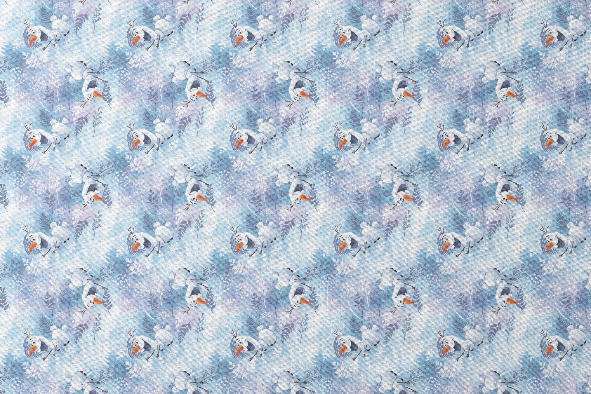 Cheerful Olaf playing among delicate ferns and snowflakes on a light blue background designs flat mockup