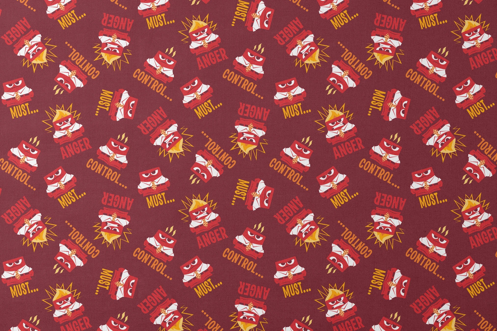 Red background pattern with Anger from Inside Out, explosions, and words "MUST... CONTROL... ANGER designs flat mockup