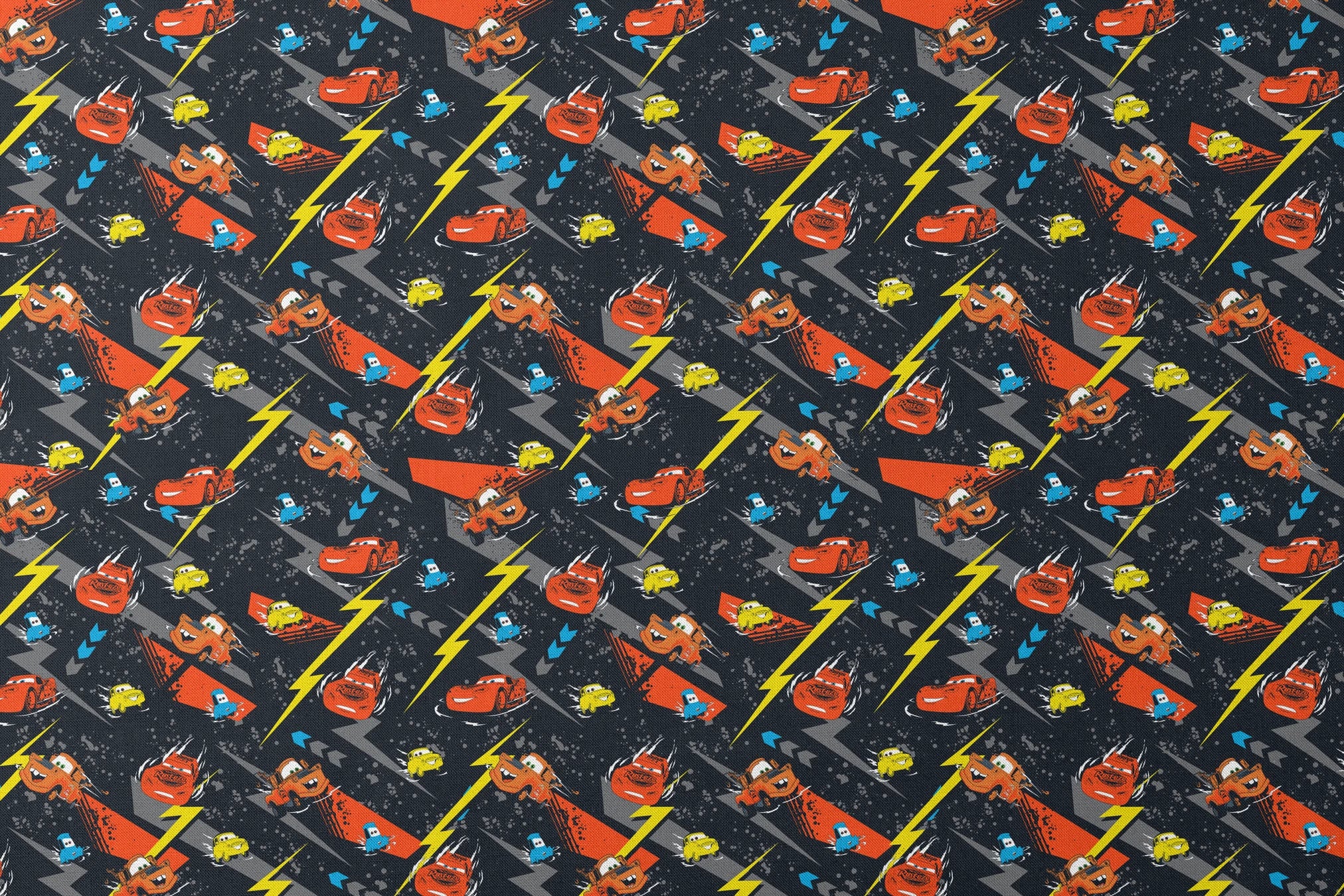 Pattern of animated red race cars with lightning bolt designs on dark background with yellow lightning strikes and blue accents designs flat mockup