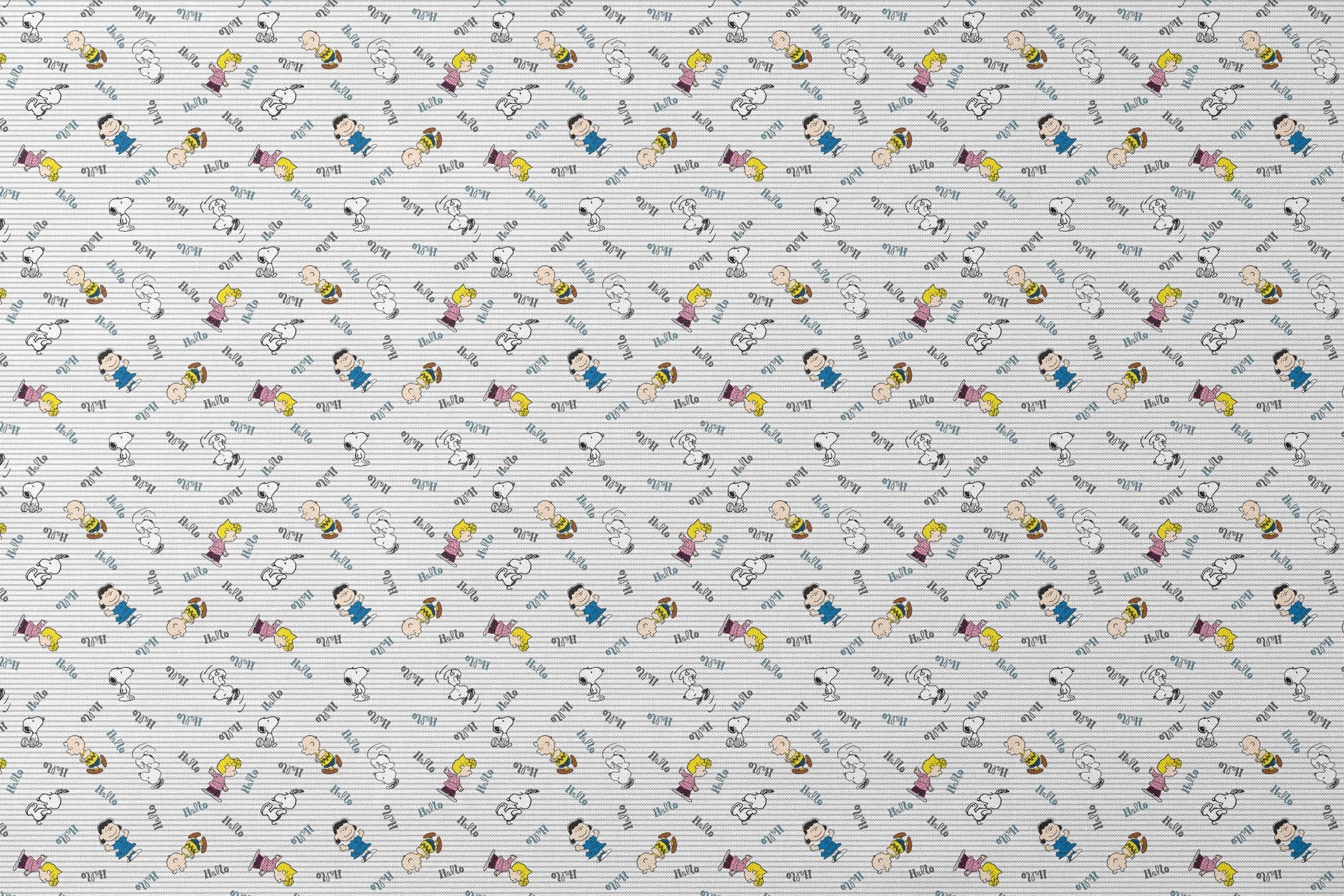 Peanuts cartoon characters scattered on striped background with "hello" text, featuring Snoopy, Charlie Brown, and friends designs flat mockup