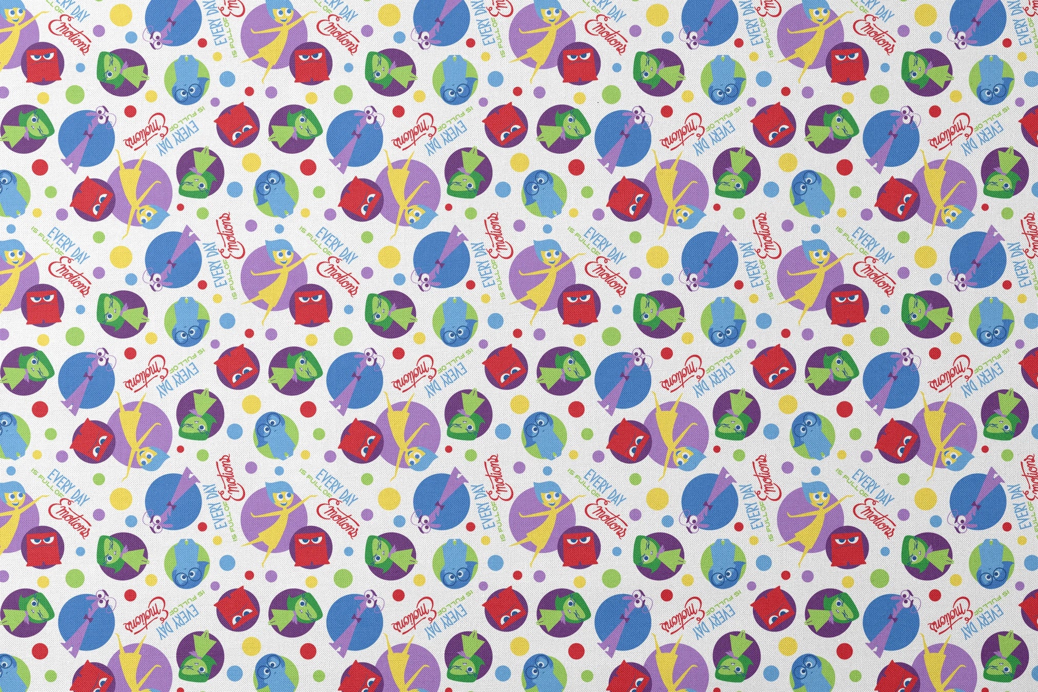 Colorful Inside Out characters in circles - Joy, Sadness, Fear, Disgust, and Anger on polka dot background designs flat mockup