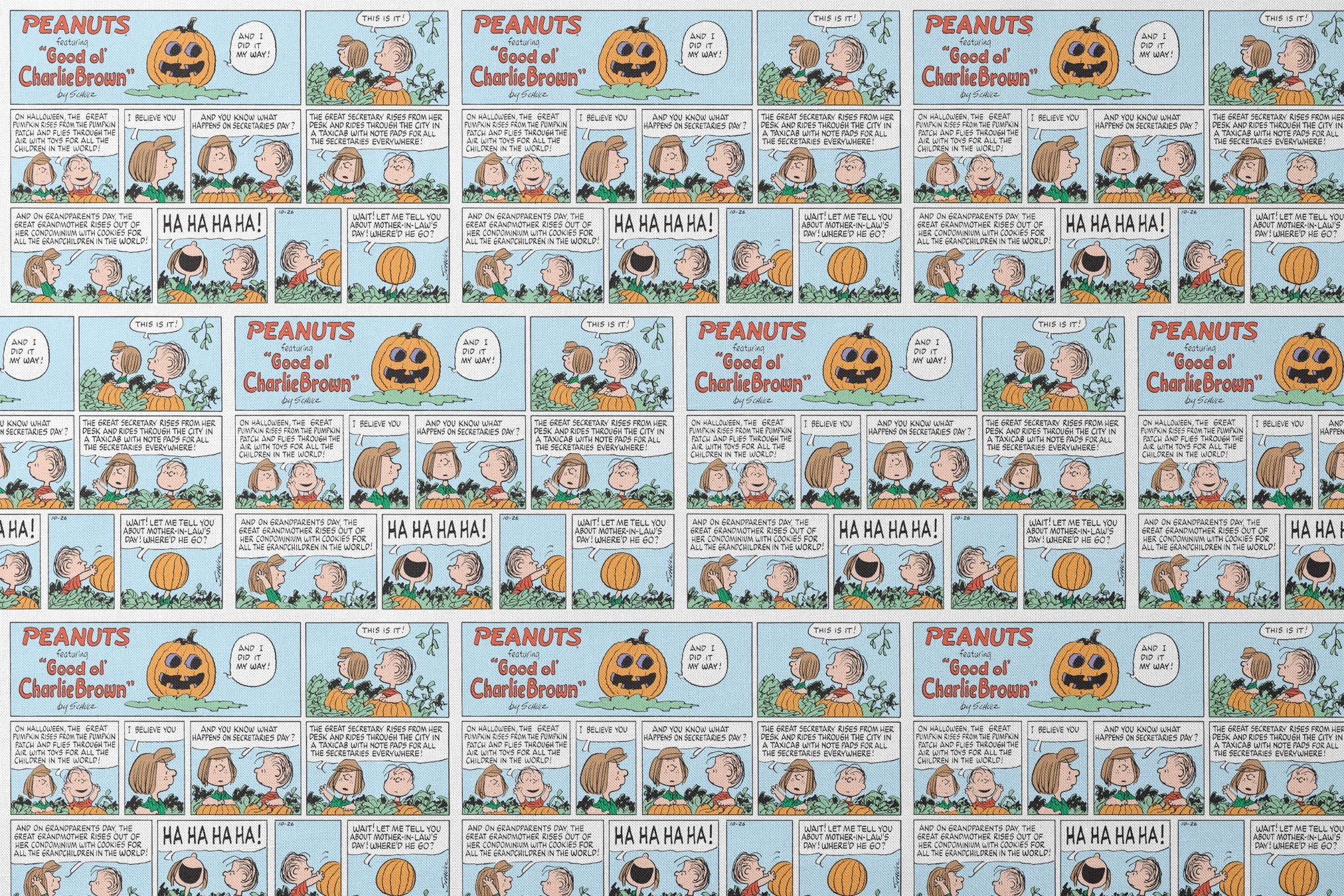 Peanuts comic strip featuring "Great Pumpkin" Halloween storyline with cartoon children and jack-o'-lantern imagery across multiple panels. designs flat mockup