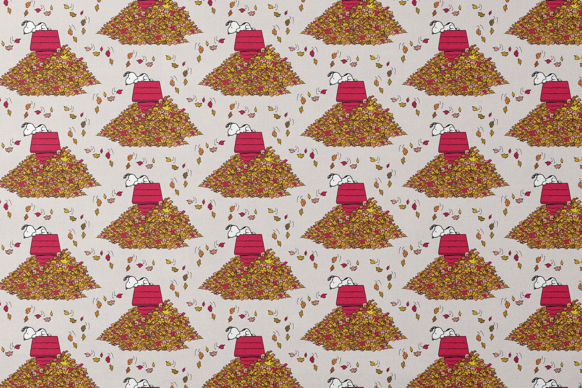 Snoopy and red doghouse on colorful autumn leaf piles with falling leaves pattern on beige background designs flat mockup