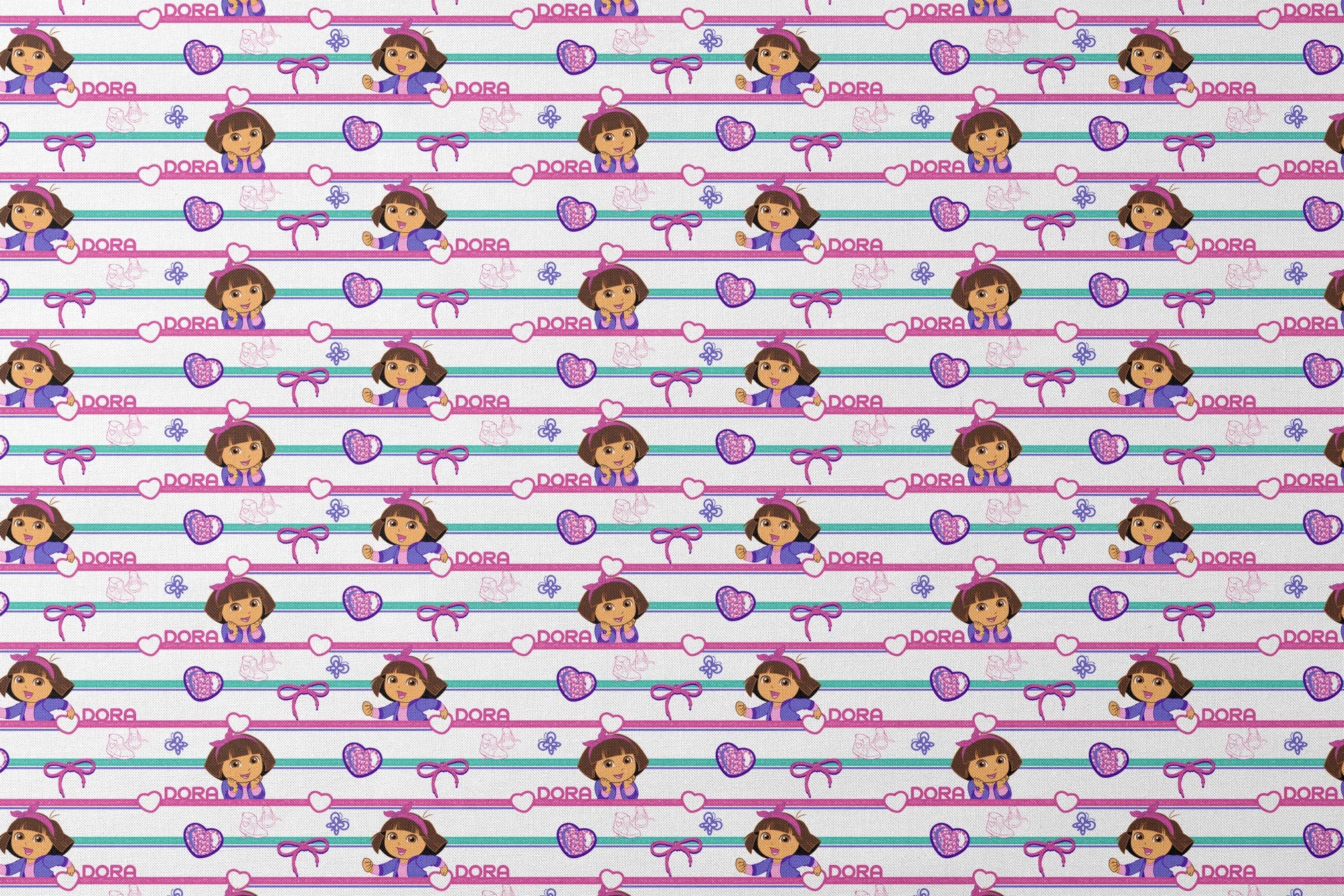 Colorful Dora the Explorer pattern with horizontal stripes featuring purple hearts, bows, butterflies, and "DORA" text on pink and green backgrounds designs flat mockup