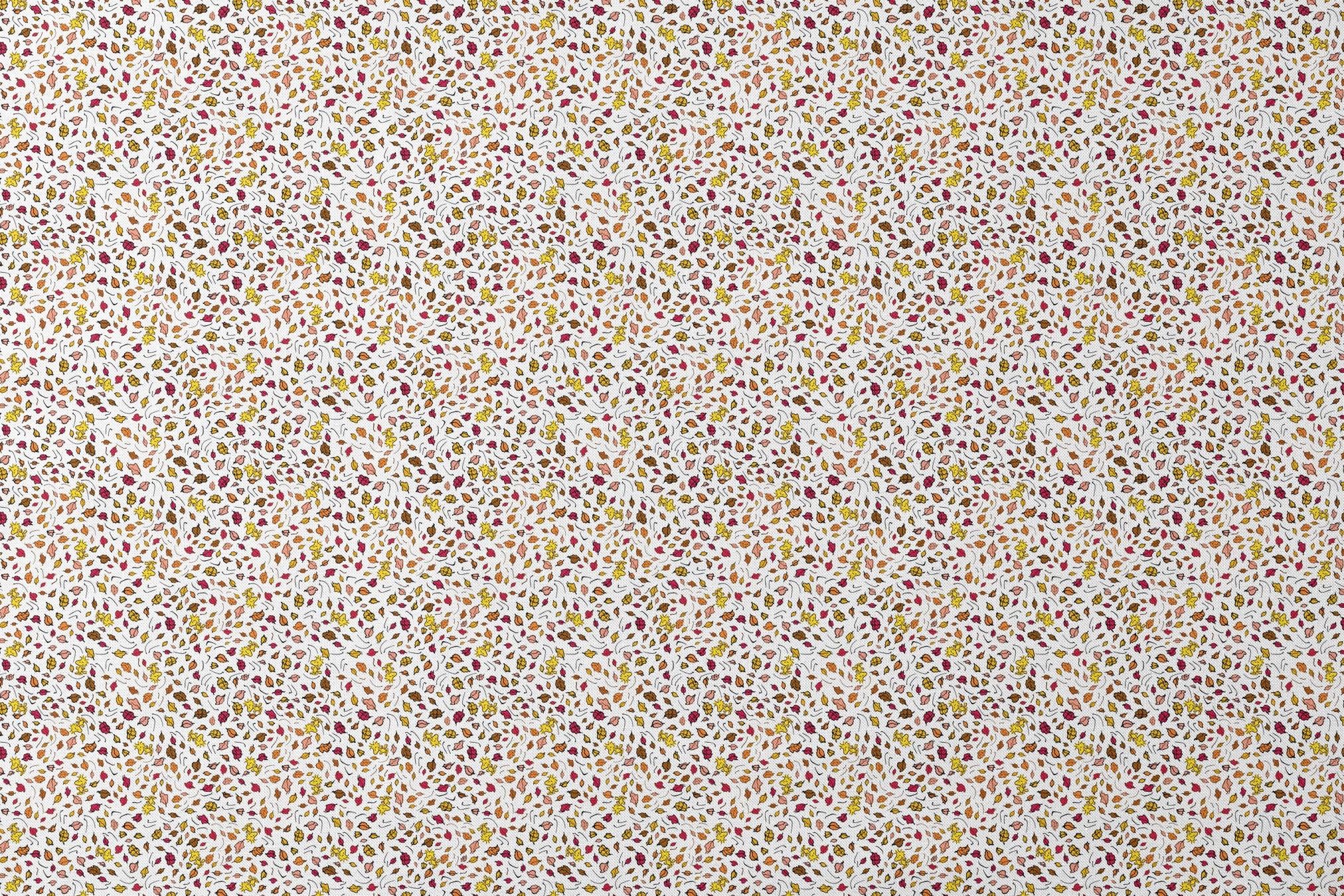Colorful Peanuts autumn leaves pattern with Woodstock and yellow, red, and brown foliage scattered on white background designs flat mockup