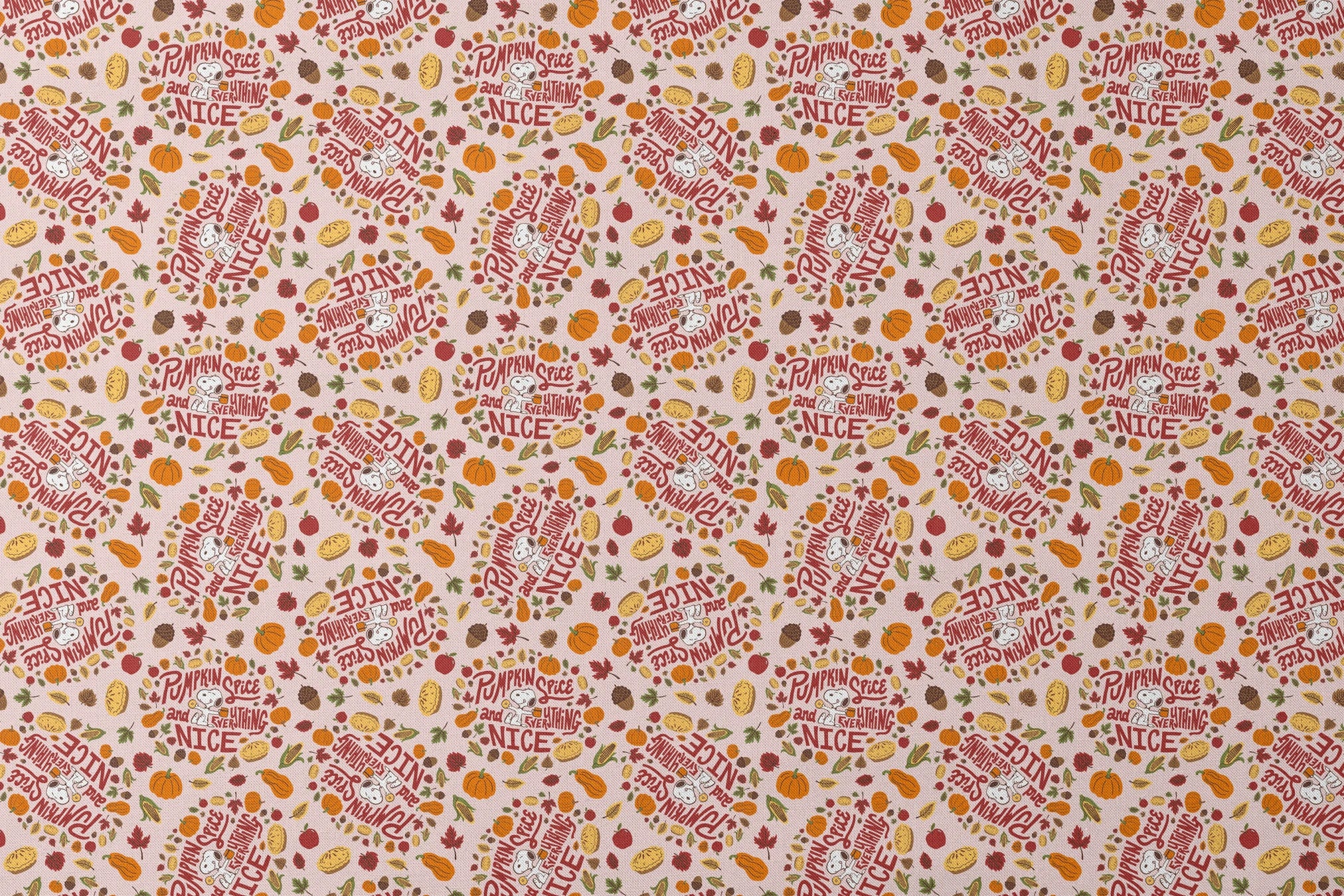 Fall Peanuts pattern with pumpkin spice phrases, autumn leaves, pumpkins, pine cones and Snoopy characters on a beige background designs flat mockup