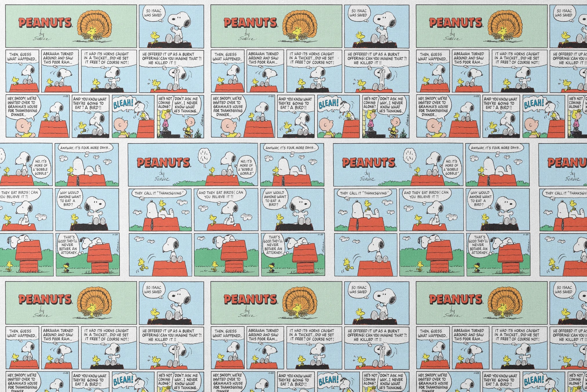 A Peanuts comic strip featuring Snoopy on his red doghouse, shown in multiple panels with Thanksgiving and food-related humor throughout the colorful Sunday format. designs flat mockup