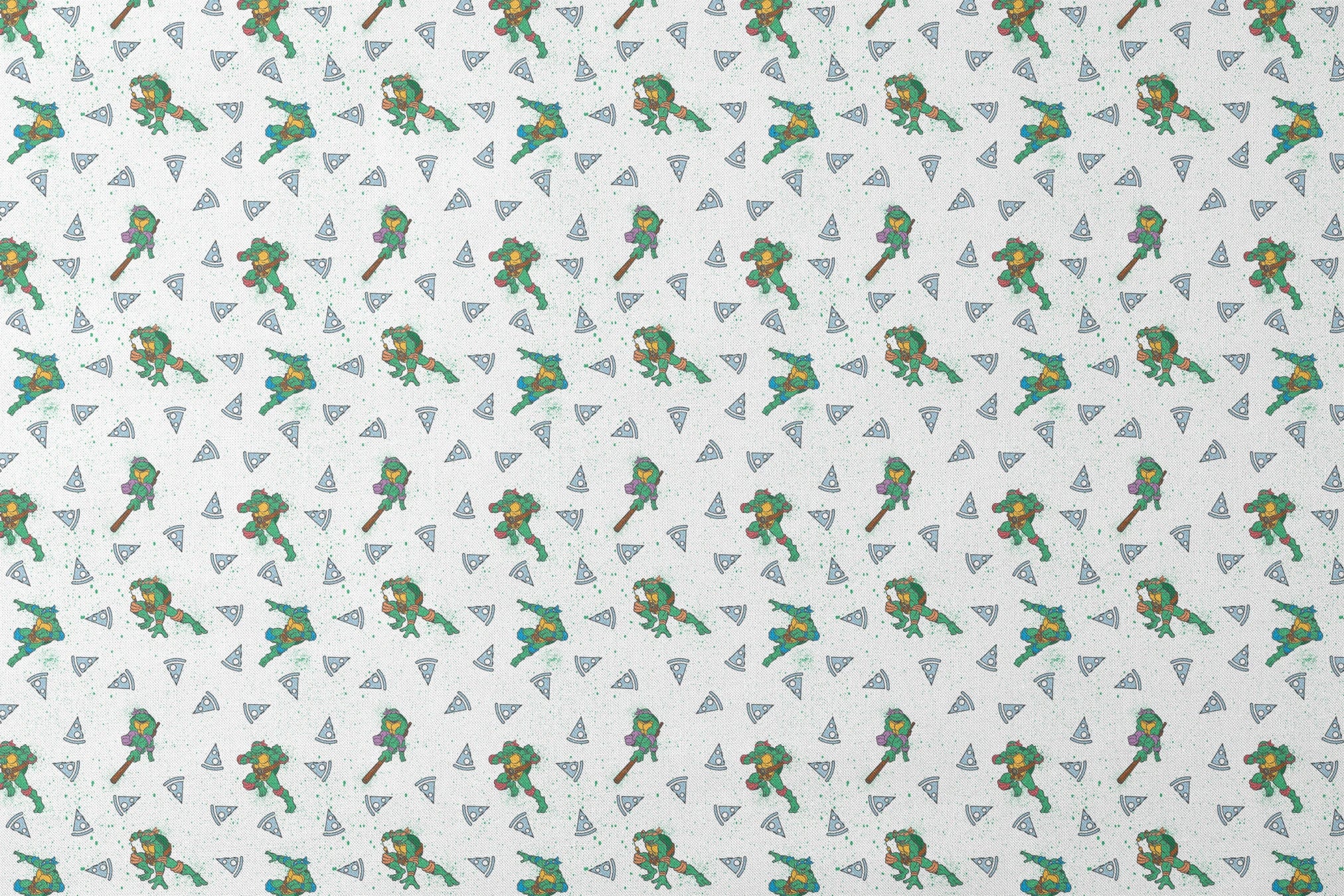 Teenage Mutant Ninja Turtles in action poses scattered among pizza slices on white speckled background designs flat mockup