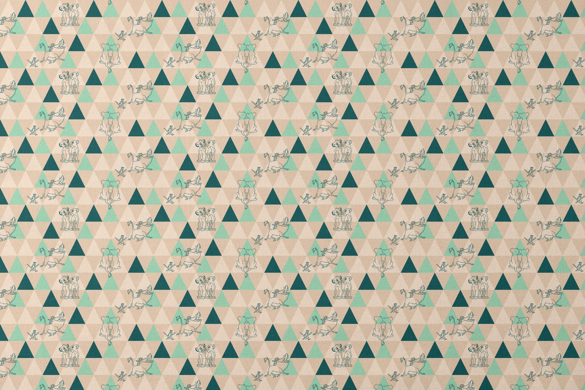 Geometric triangle pattern with stylized animal illustrations in teal and beige, featuring dogs, elephants, and other creatures. designs flat mockup