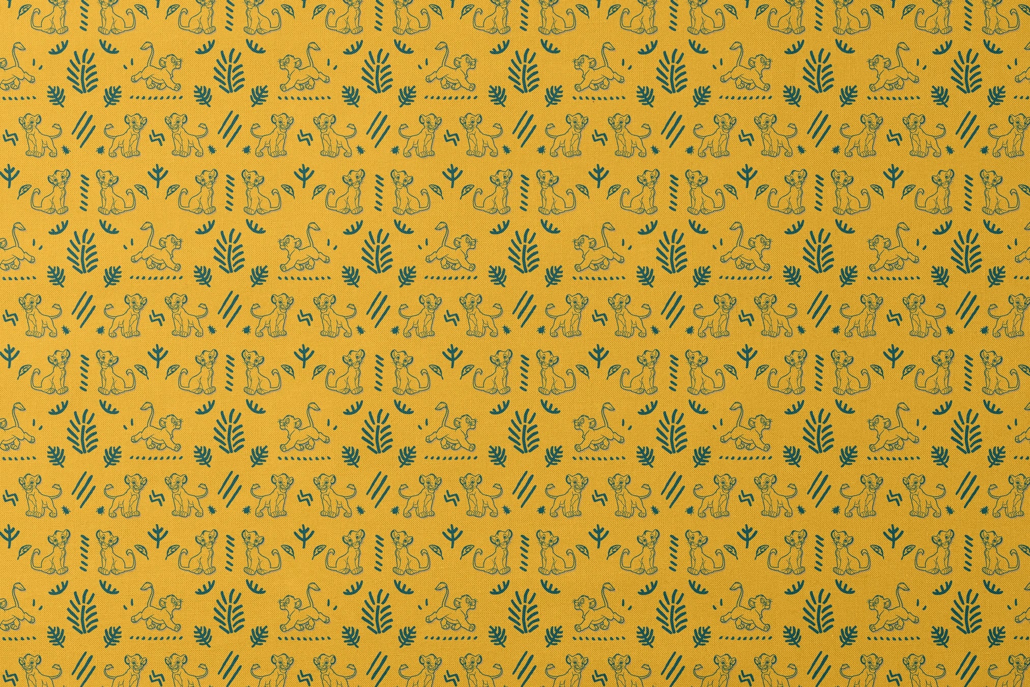 Pattern of cartoon lion cubs with green leaves and decorative elements on bright yellow background designs flat mockup