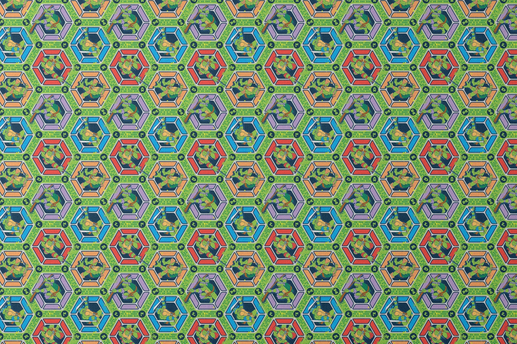 Colorful hexagonal pattern featuring the Teenage Mutant Ninja Turtles in action poses on green backgrounds with digital text elements designs flat mockup