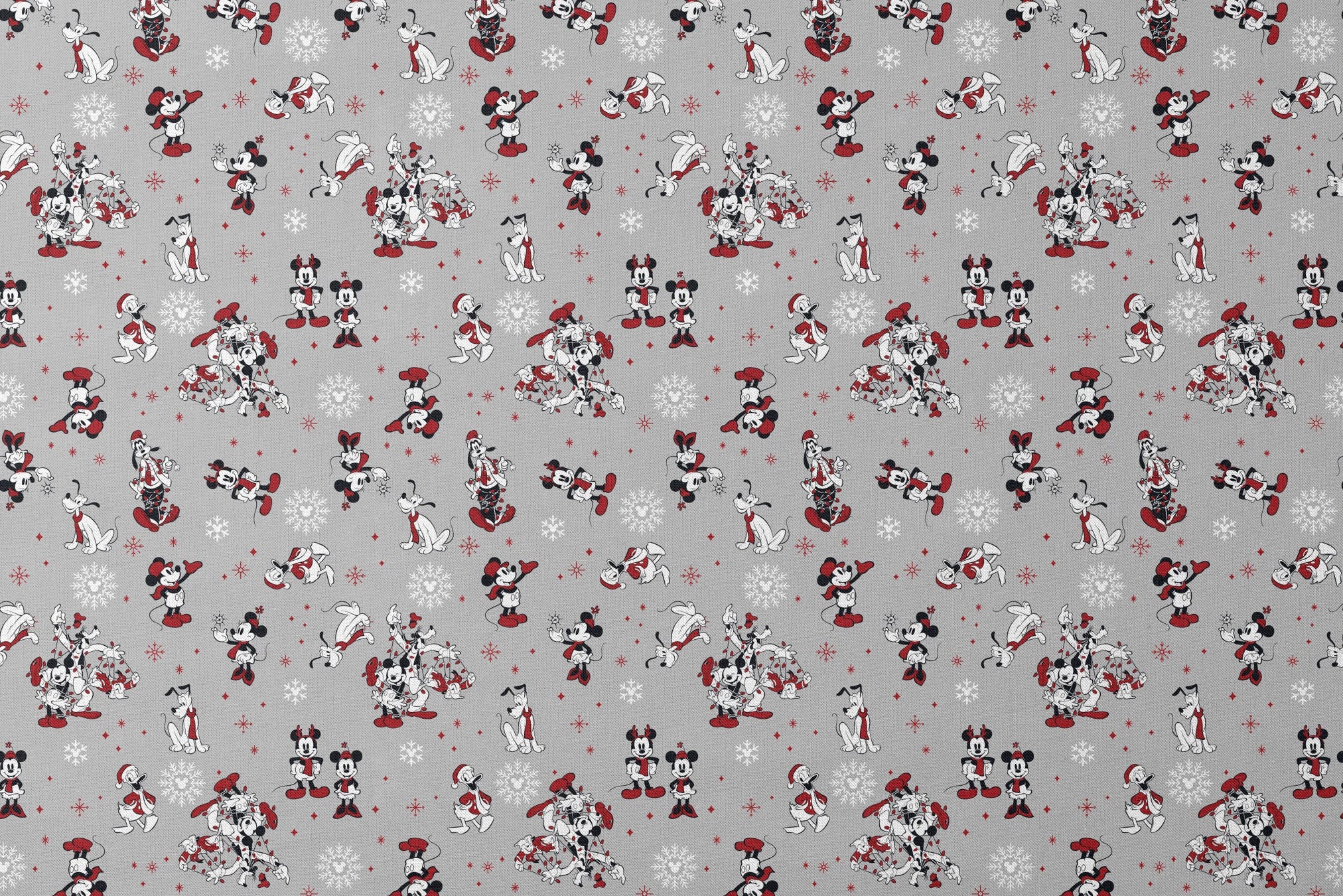 Mickey and Minnie Mouse characters in winter attire with snowflakes on gray background designs flat mockup