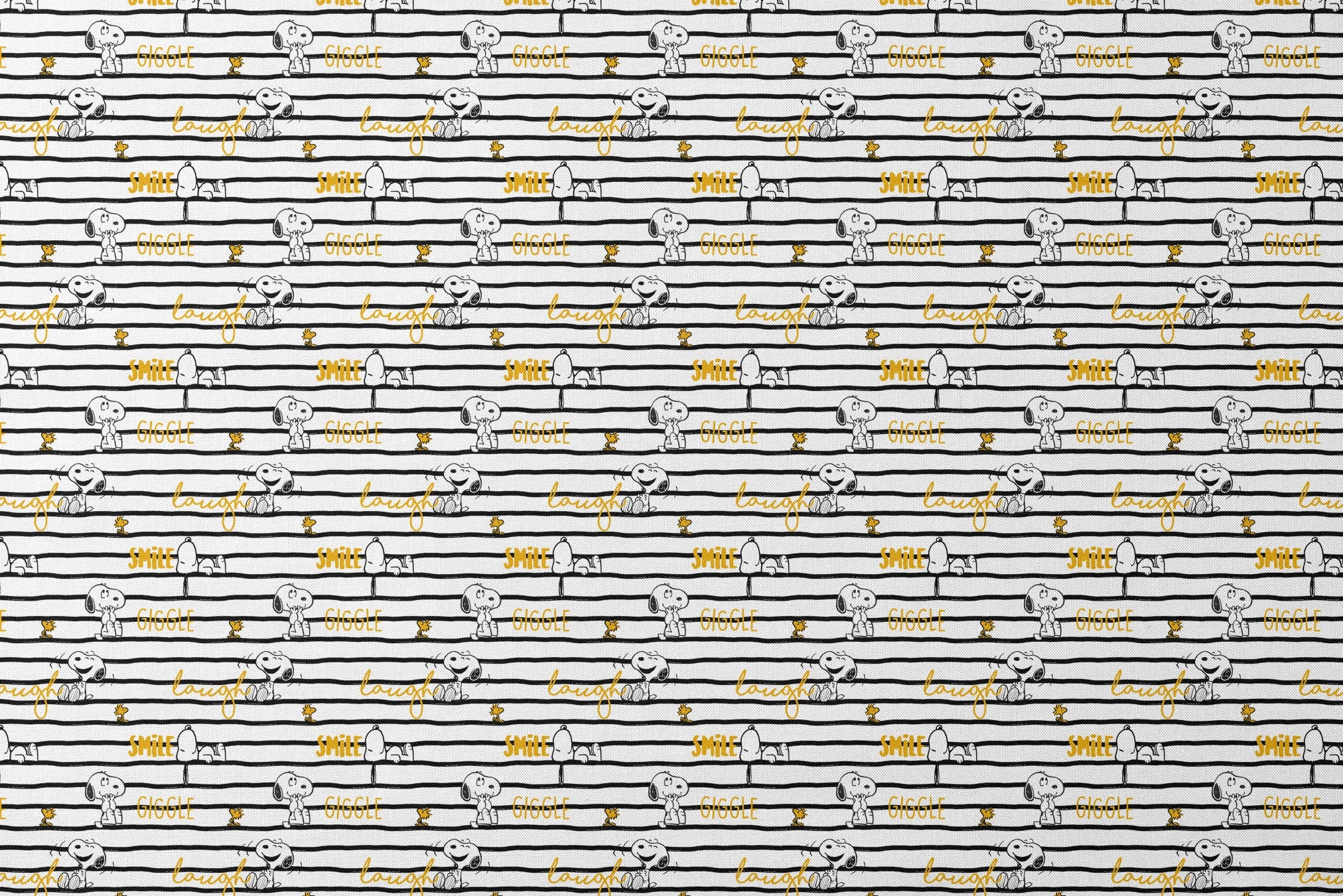 Black and white striped pattern with Snoopy and Woodstock, yellow text saying "giggle," "laugh," "smile designs flat mockup
