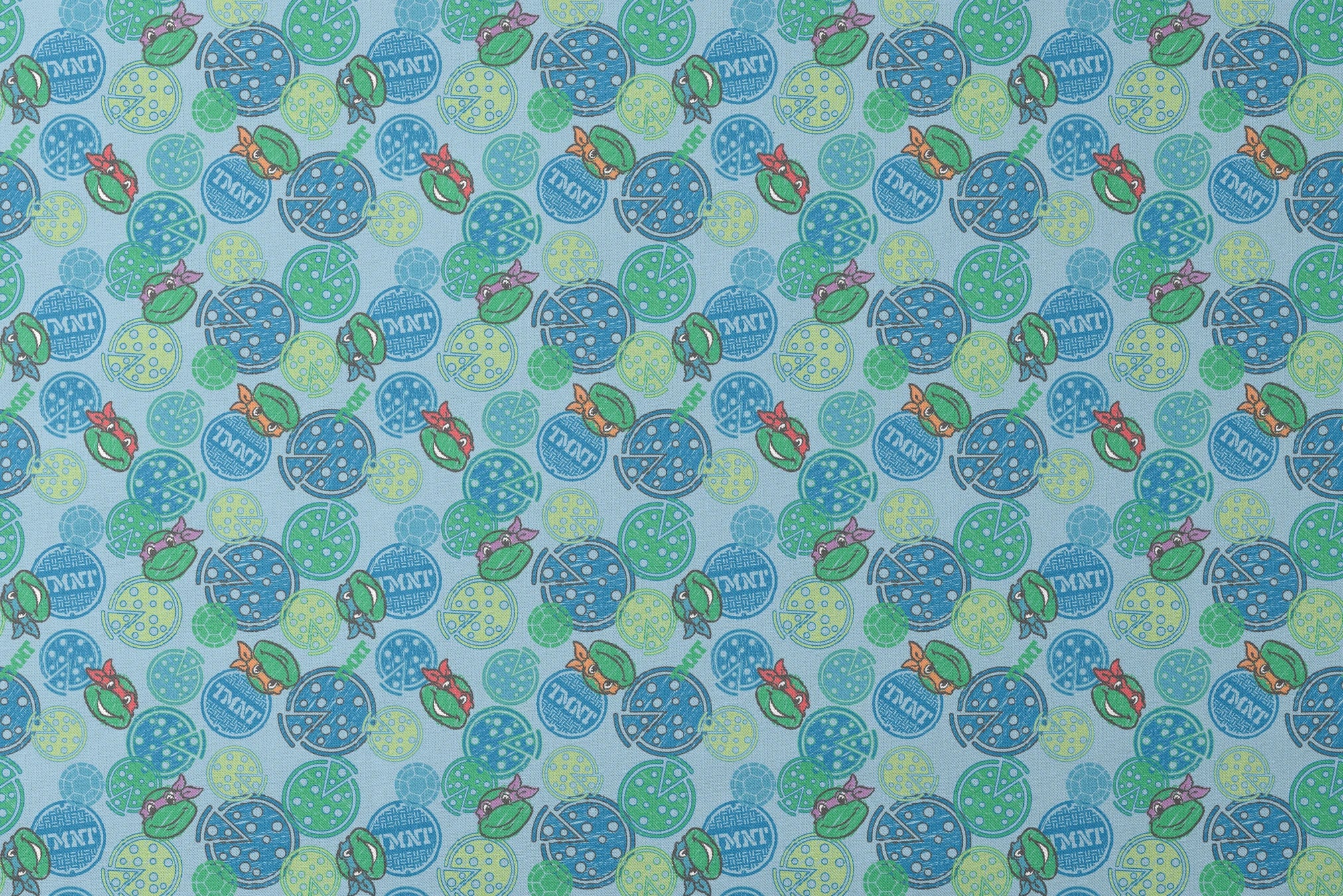 Cartoon Ninja Turtles pattern with colorful circular designs on light blue background designs flat mockup