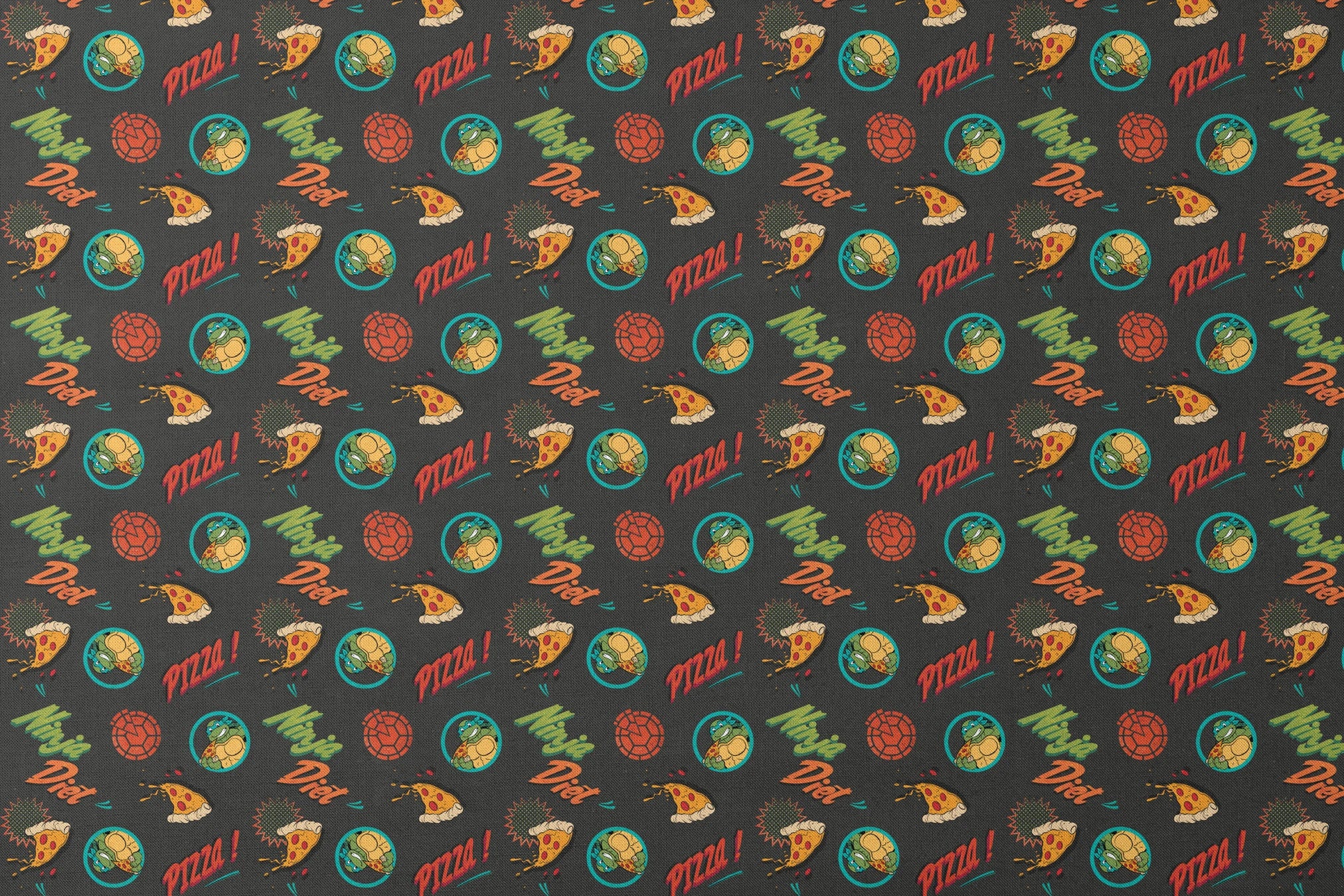 Colorful cartoon pizza pattern with "Pizza!" text, Teenage Mutant Ninja Turtles in circles, and decorative elements on dark background. designs flat mockup