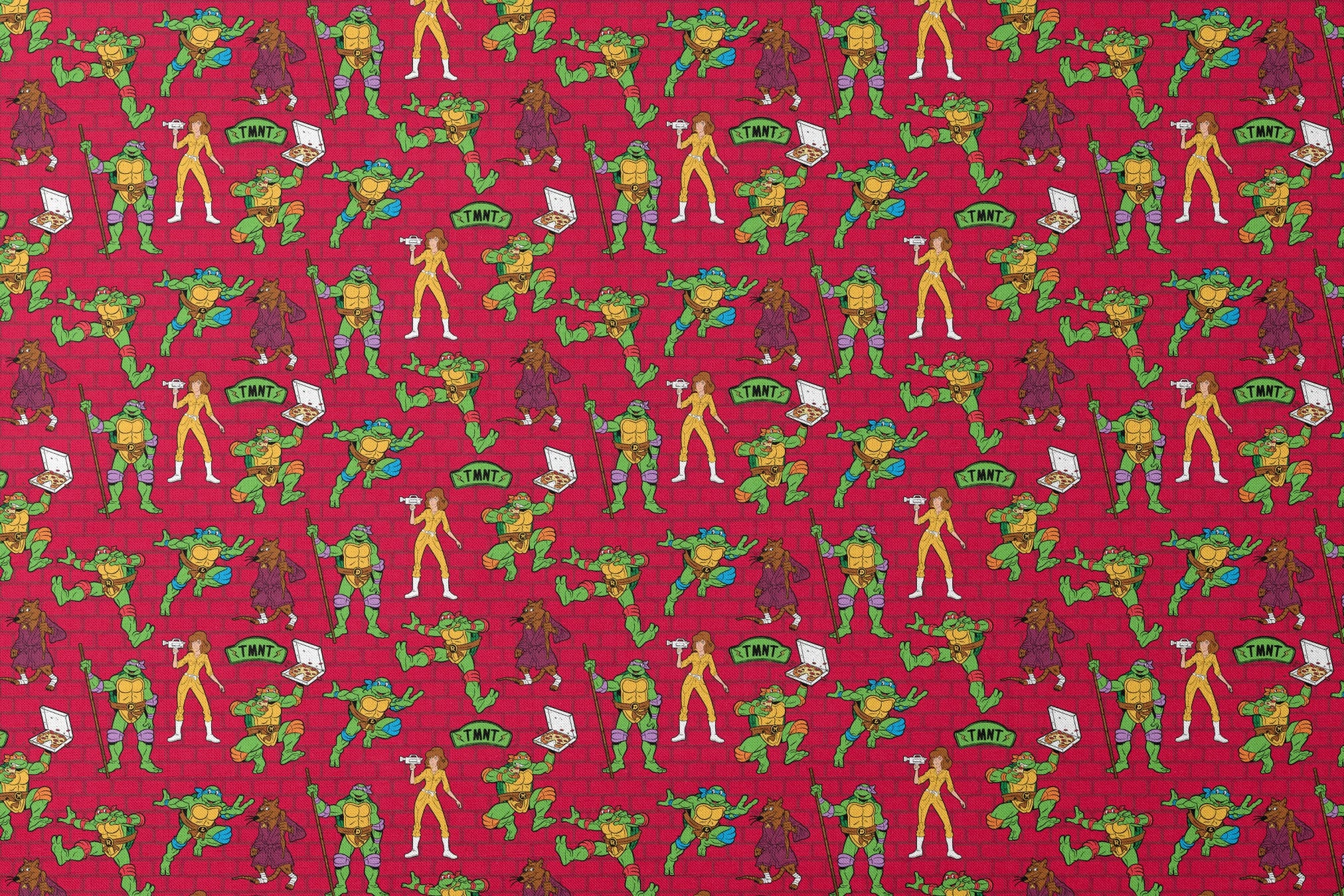 Teenage Mutant Ninja Turtles pattern on red background with green turtle characters in action poses designs flat mockup