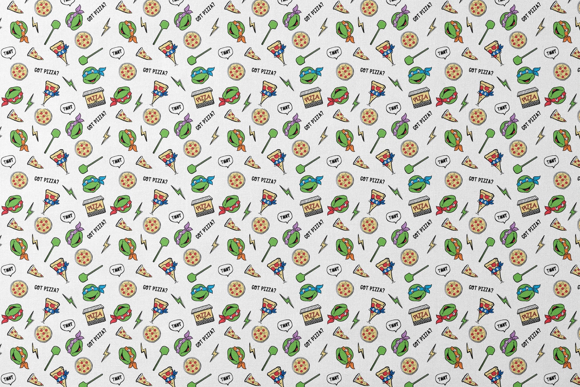 Cartoon pattern with Teenage Mutant Ninja Turtles, pizza slices, whole pizzas, lightning bolts and "GOT PIZZA?" text designs flat mockup