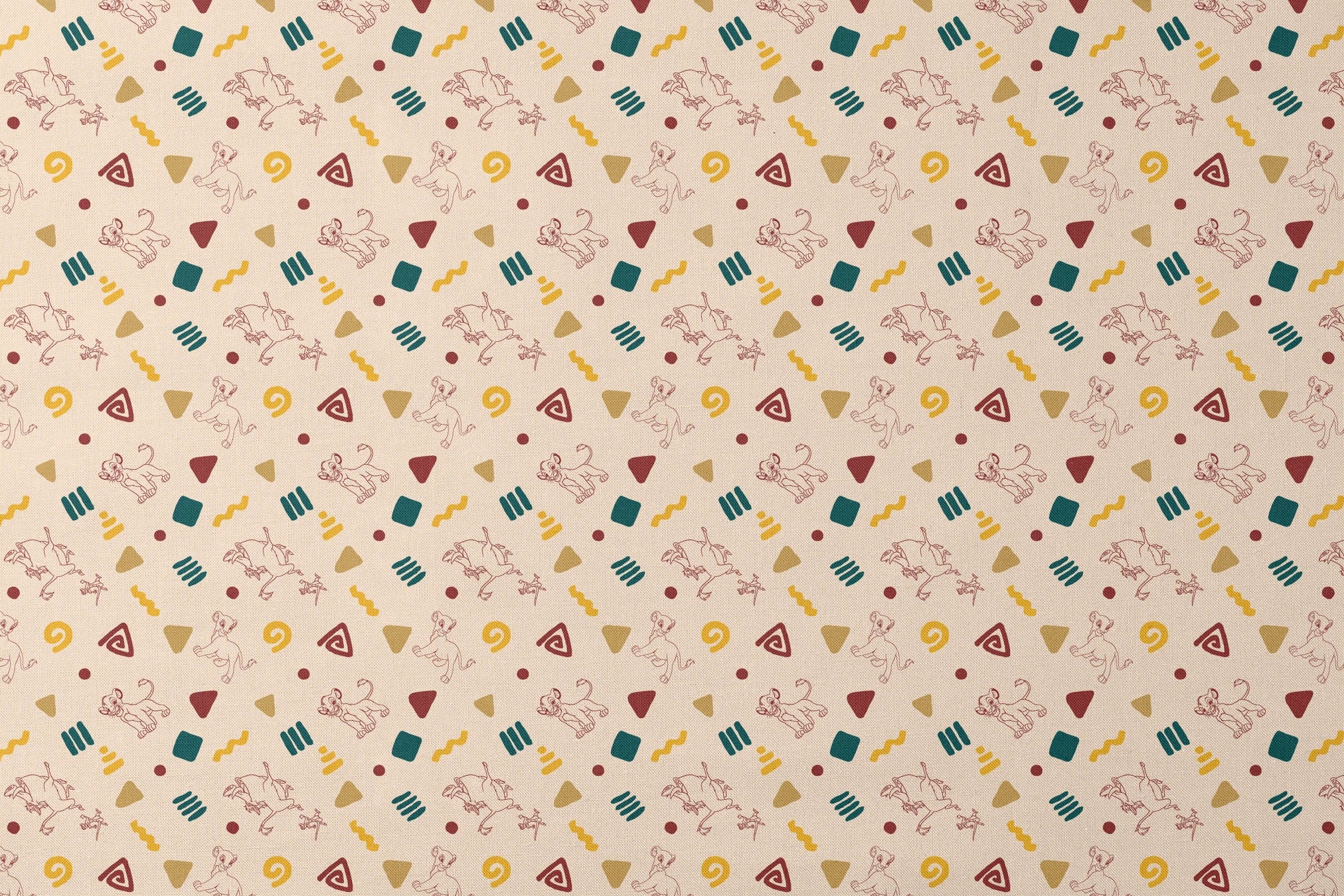 Abstract pattern with line art animal sketches, geometric shapes in teal, yellow, and burgundy on beige background designs flat mockup