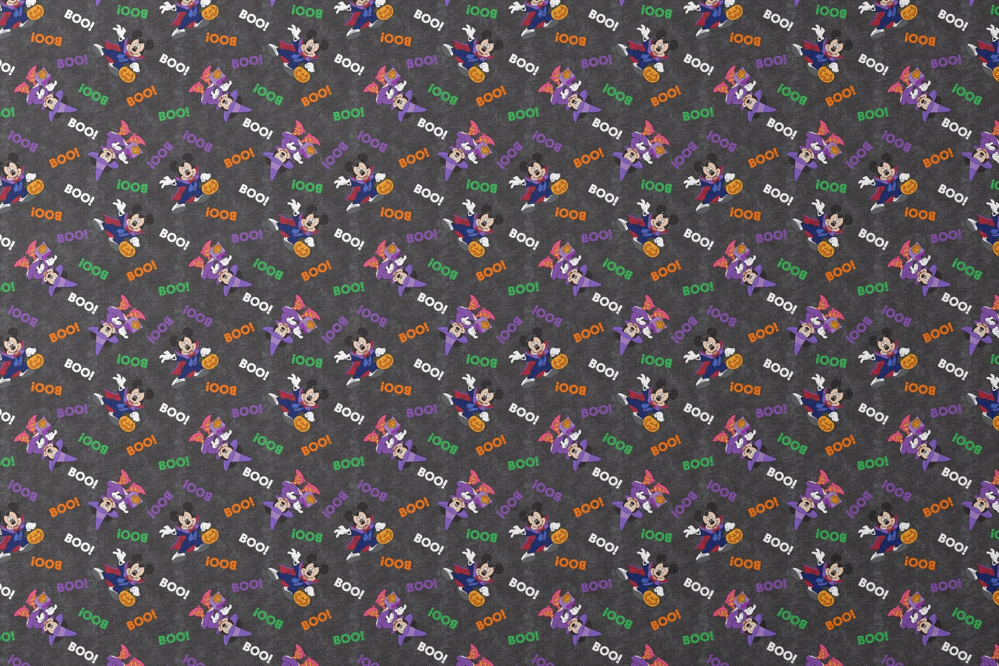 Halloween themed pattern with Disney characters in costumes, pumpkins, and colorful "BOO!" text on dark gray background. designs flat mockup