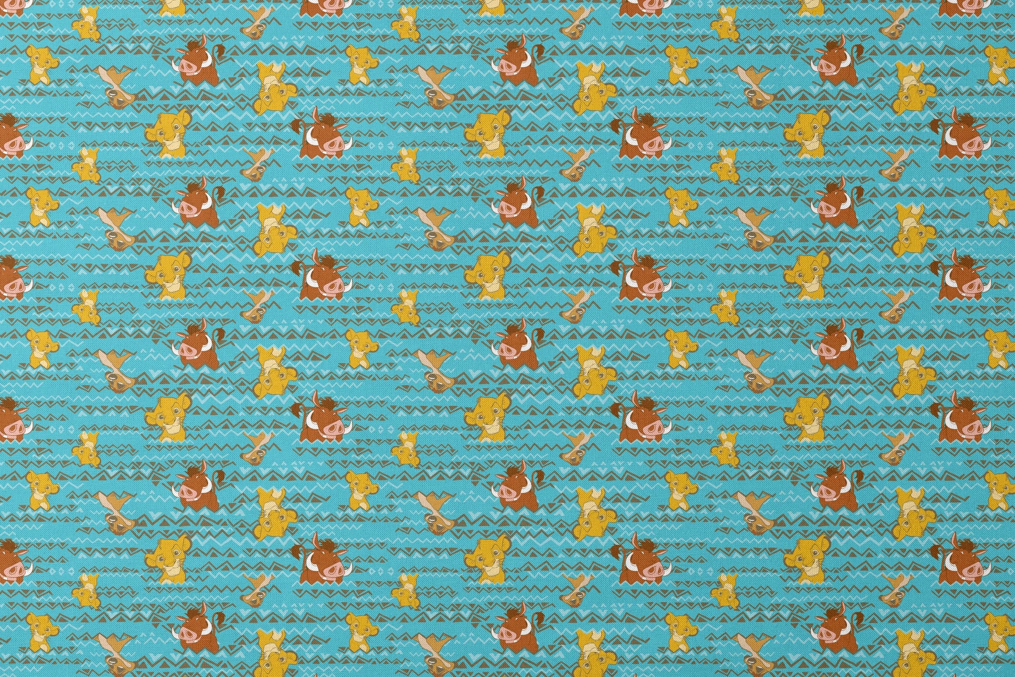 Lion King themed pattern with Simba and Timon characters on turquoise blue background with zigzag stripes designs flat mockup