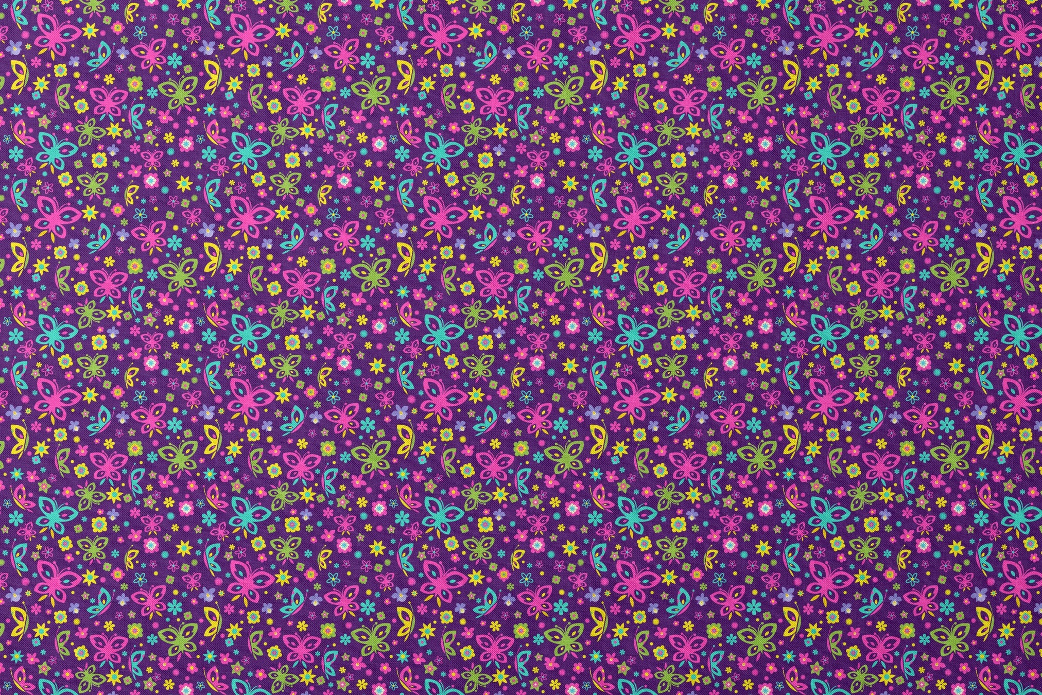Colorful butterfly and flower pattern on purple background with pink, blue, green, and yellow designs designs flat mockup