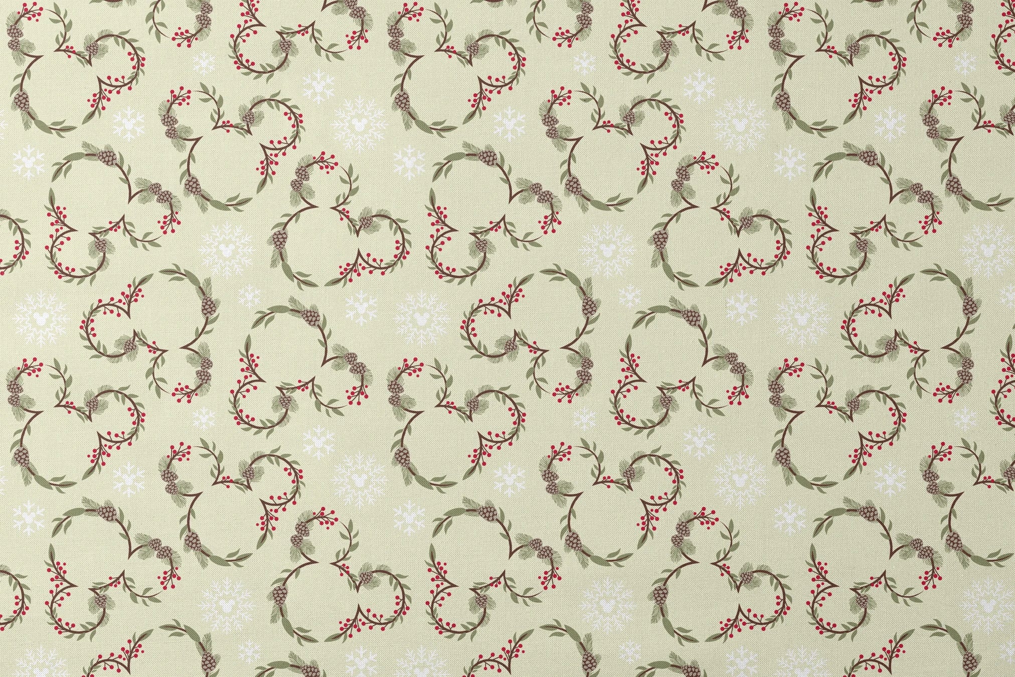 Holiday pattern with pine wreaths, red berries, and white snowflakes on light green background designs flat mockup