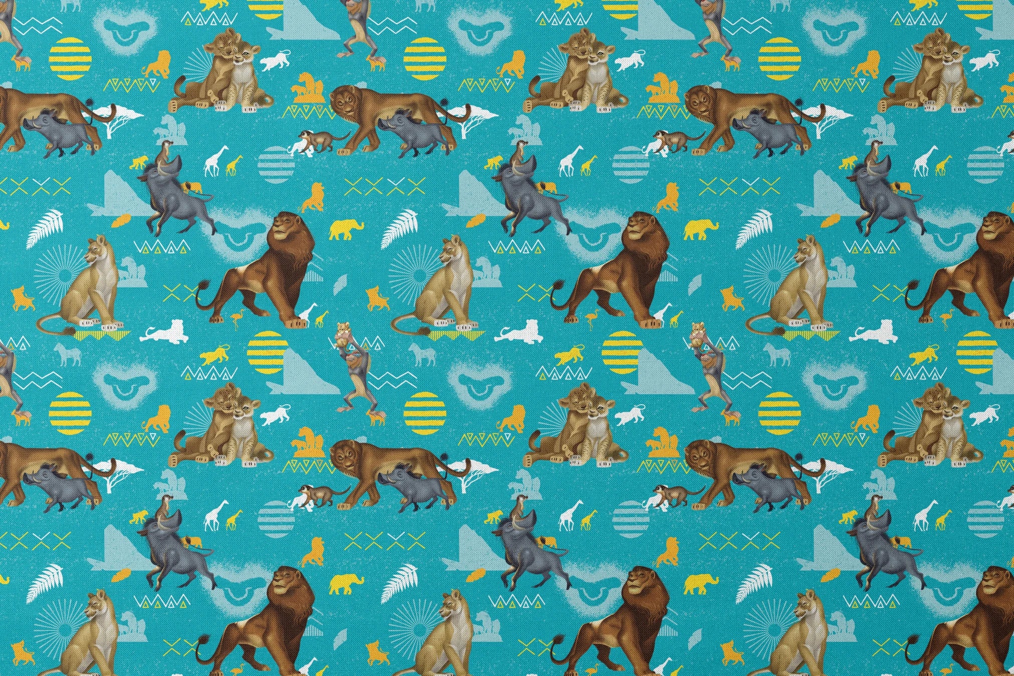 Animated lions pattern on turquoise background with geometric shapes and tribal designs designs flat mockup