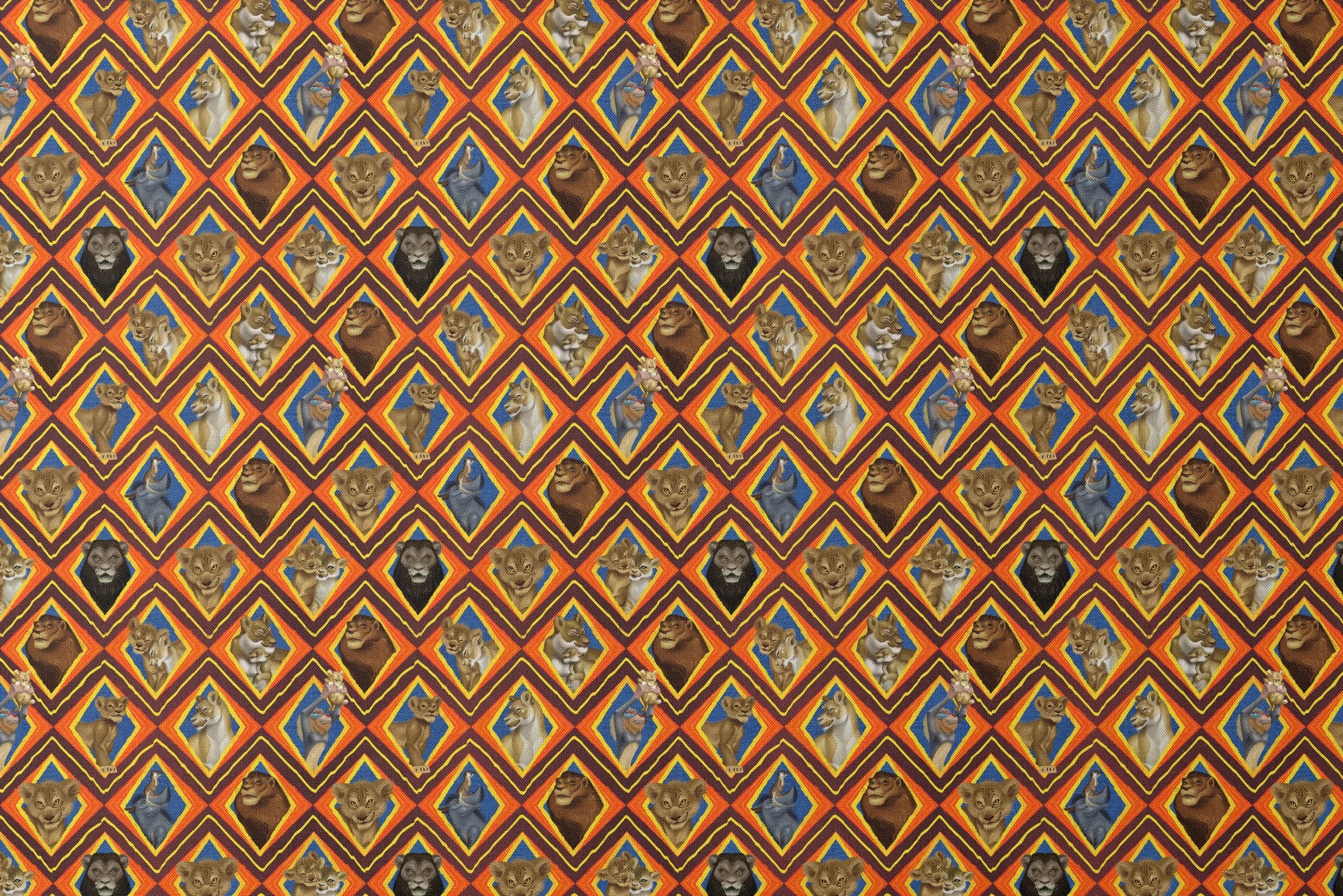 Diamond pattern of illustrated lions with various expressions in brown, tan, and gray against colorful geometric backgrounds. designs flat mockup