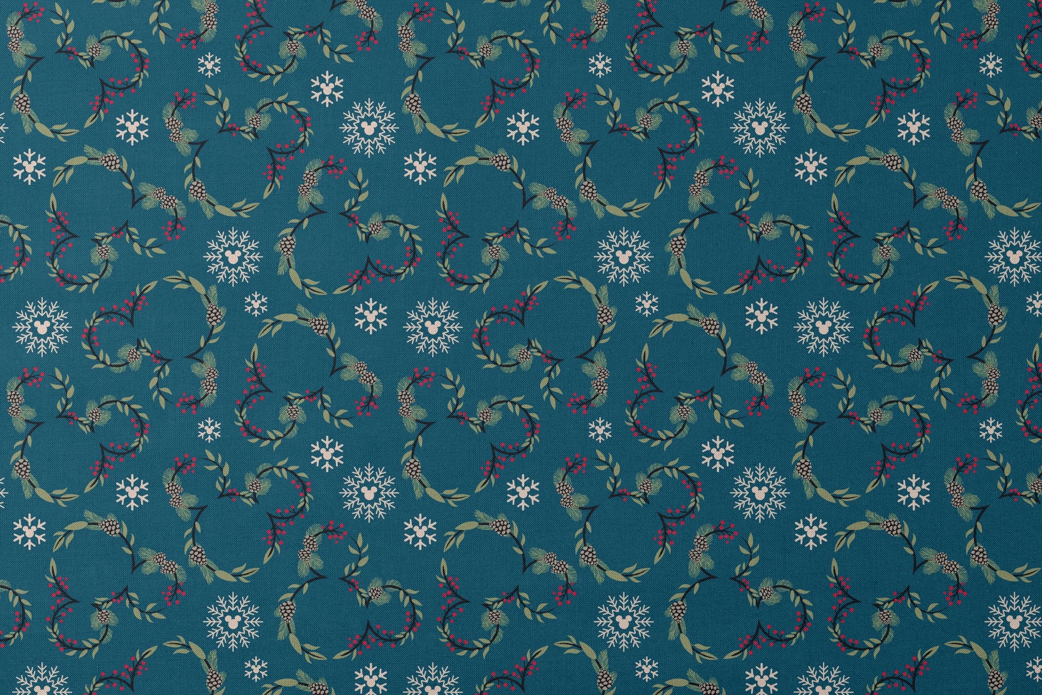 Holiday pattern with circular wreaths, white snowflakes, and botanical elements on teal background designs flat mockup