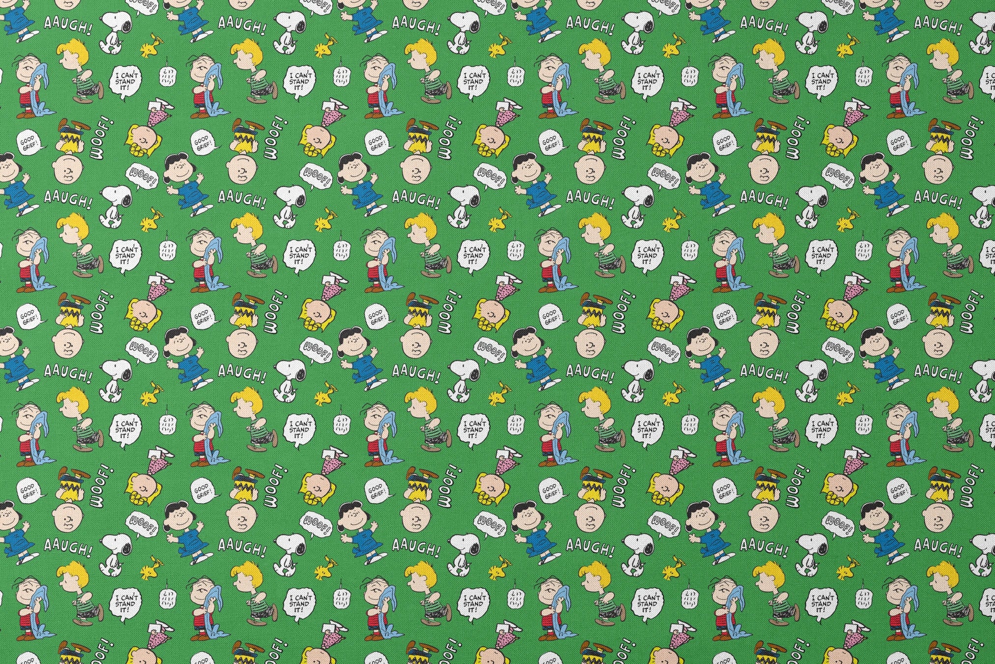 Peanuts comic characters on green background - Snoopy, Woodstock, and gang with speech bubbles like "AAUGH!" and "I CAN'T STAND IT! designs flat mockup