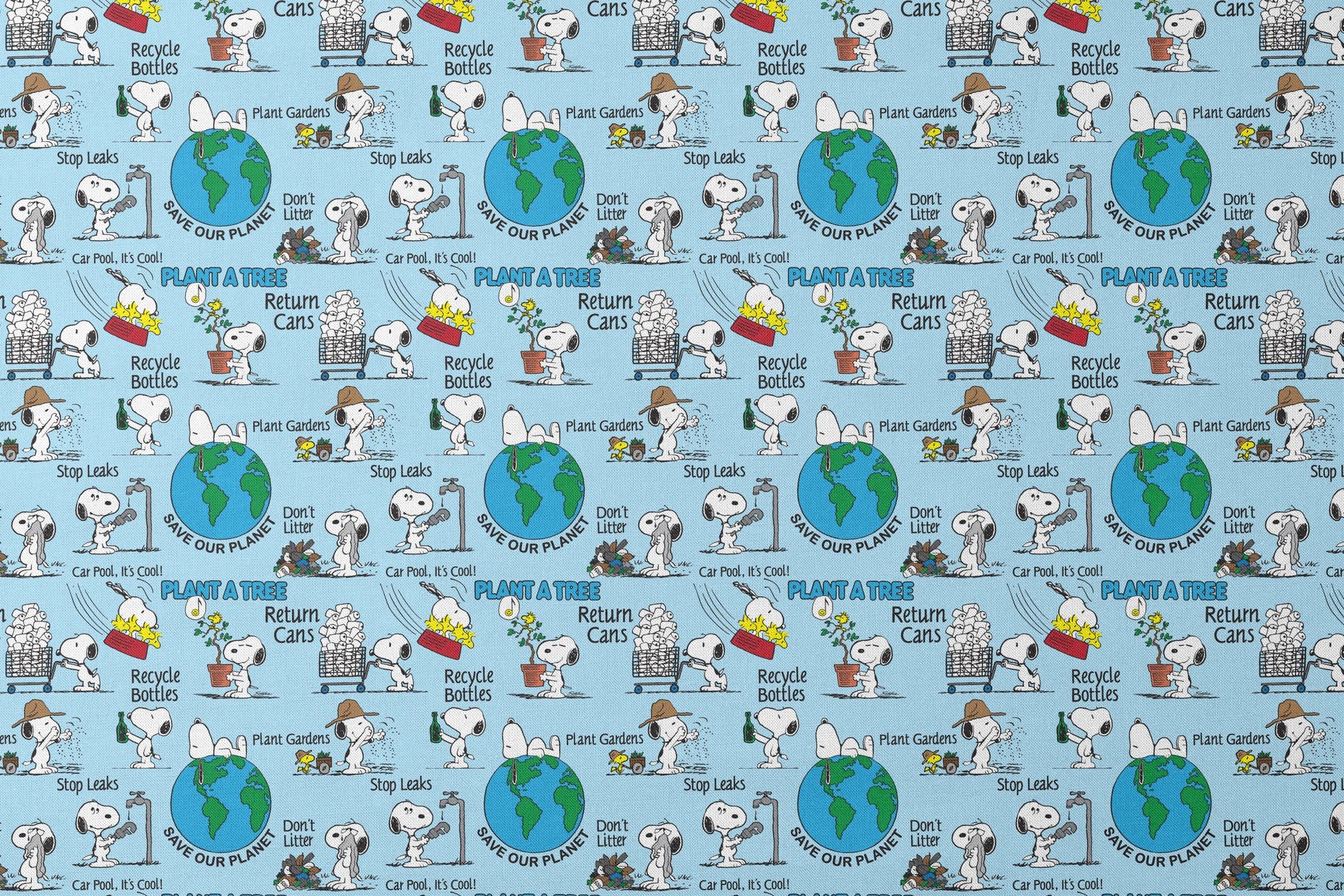 Snoopy cartoon dog in environmental scenes with Earth graphic and eco-friendly messages like "Plant a Tree" and "Recycle designs flat mockup