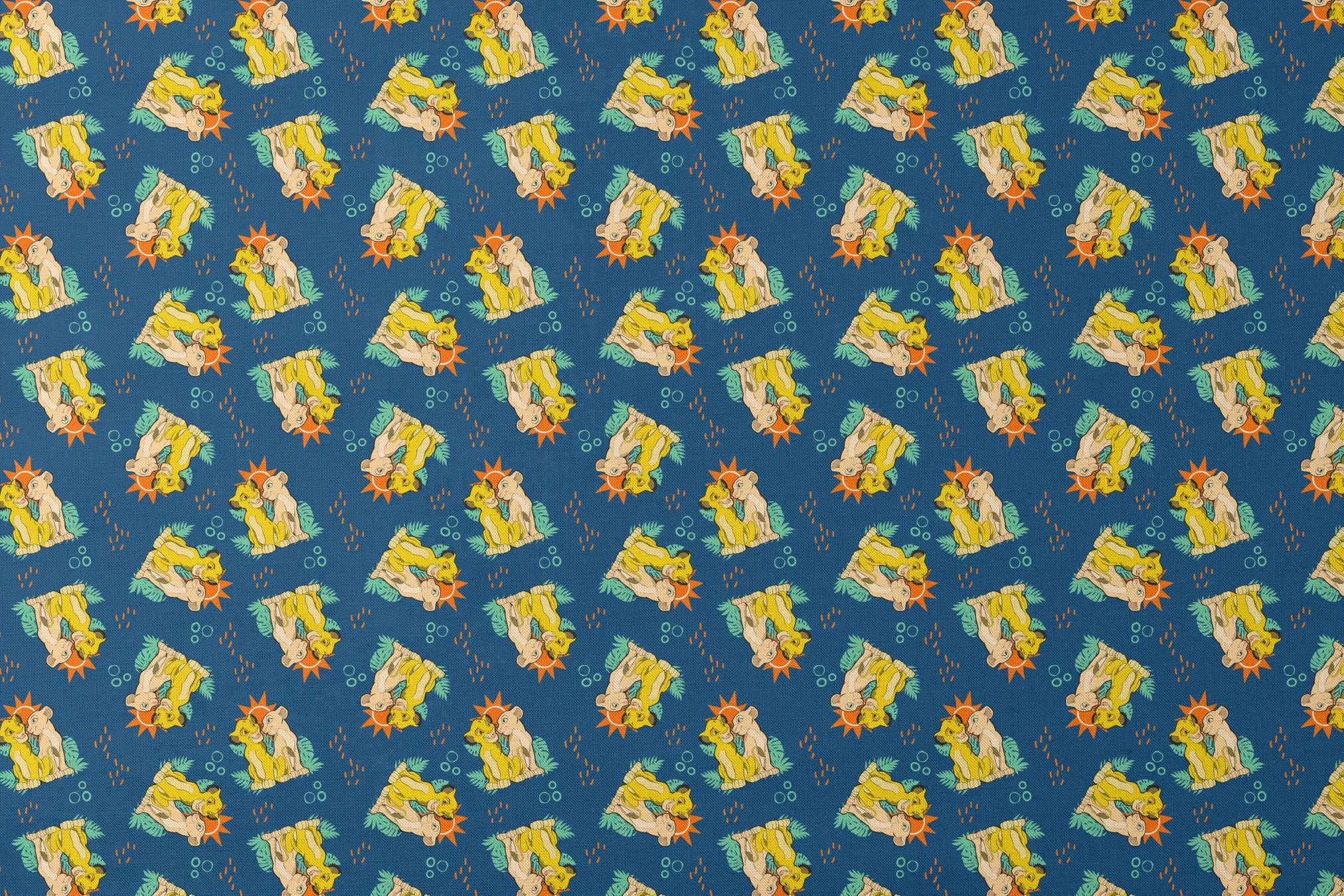 Yellow cartoon lions and pale yellow animals on teal background with tropical leaves, orange sun shapes and bubbles. designs flat mockup